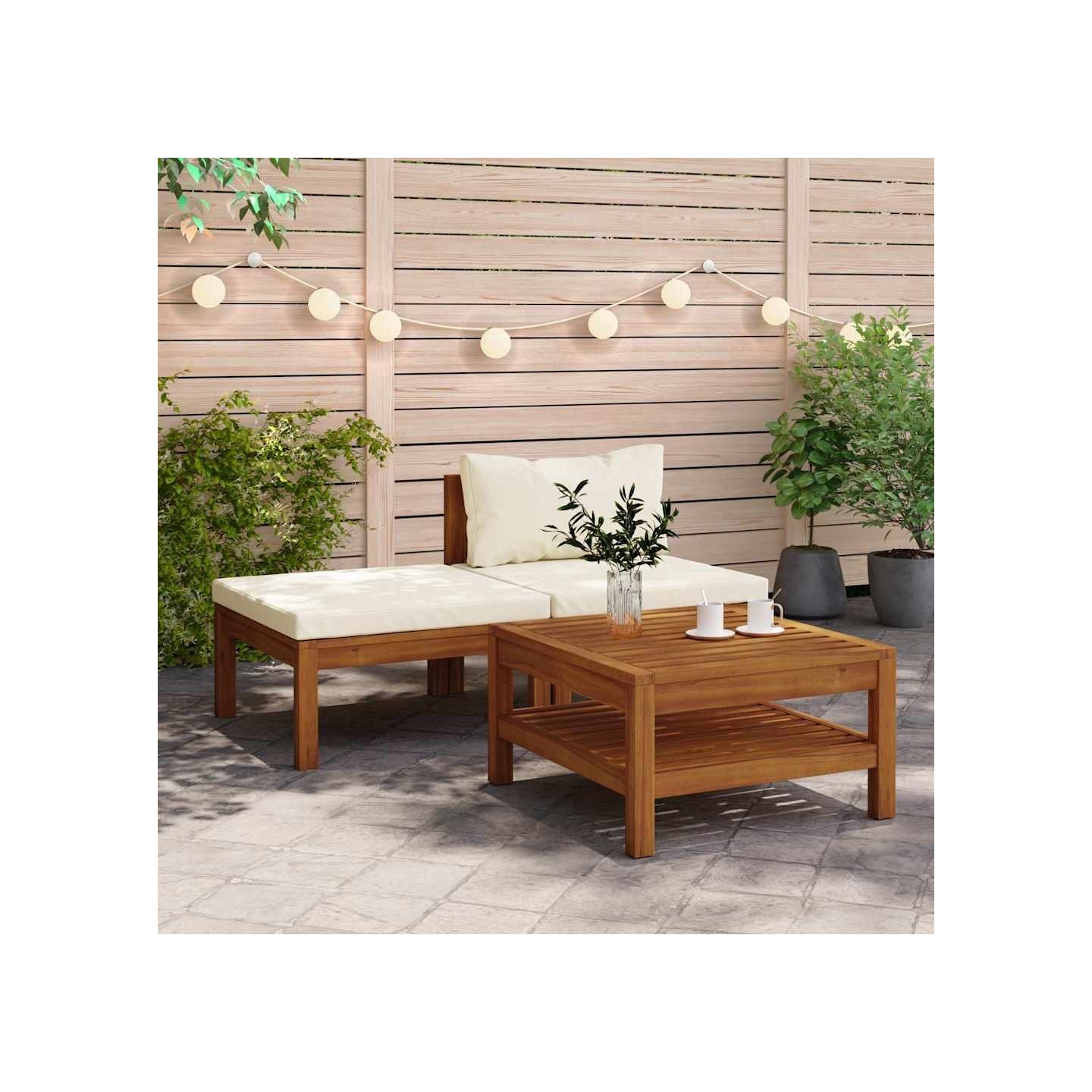 Salon de jardin 3 pcs avec coussins blanc crème Bois d'acacia