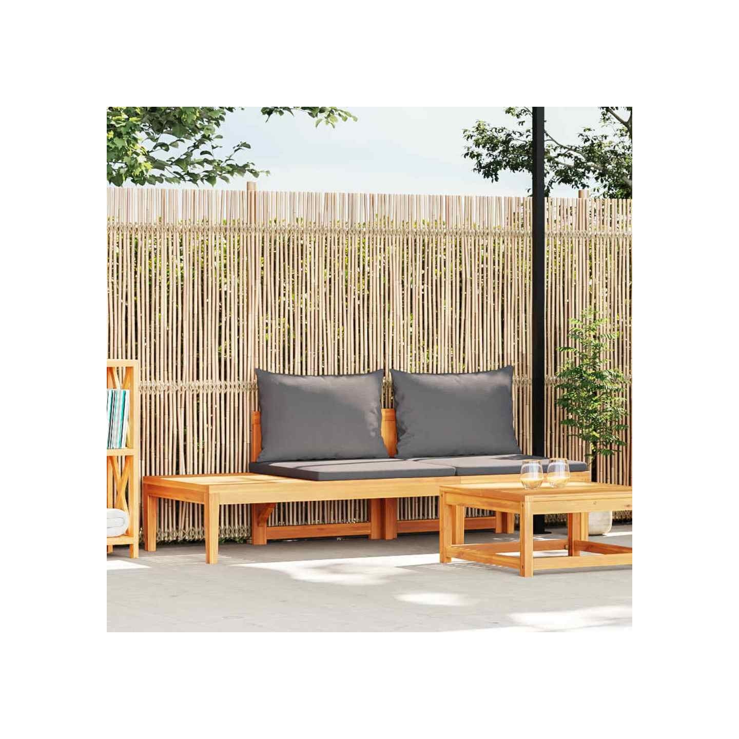Banc de jardin avec table avec coussins gris foncé Teck solide