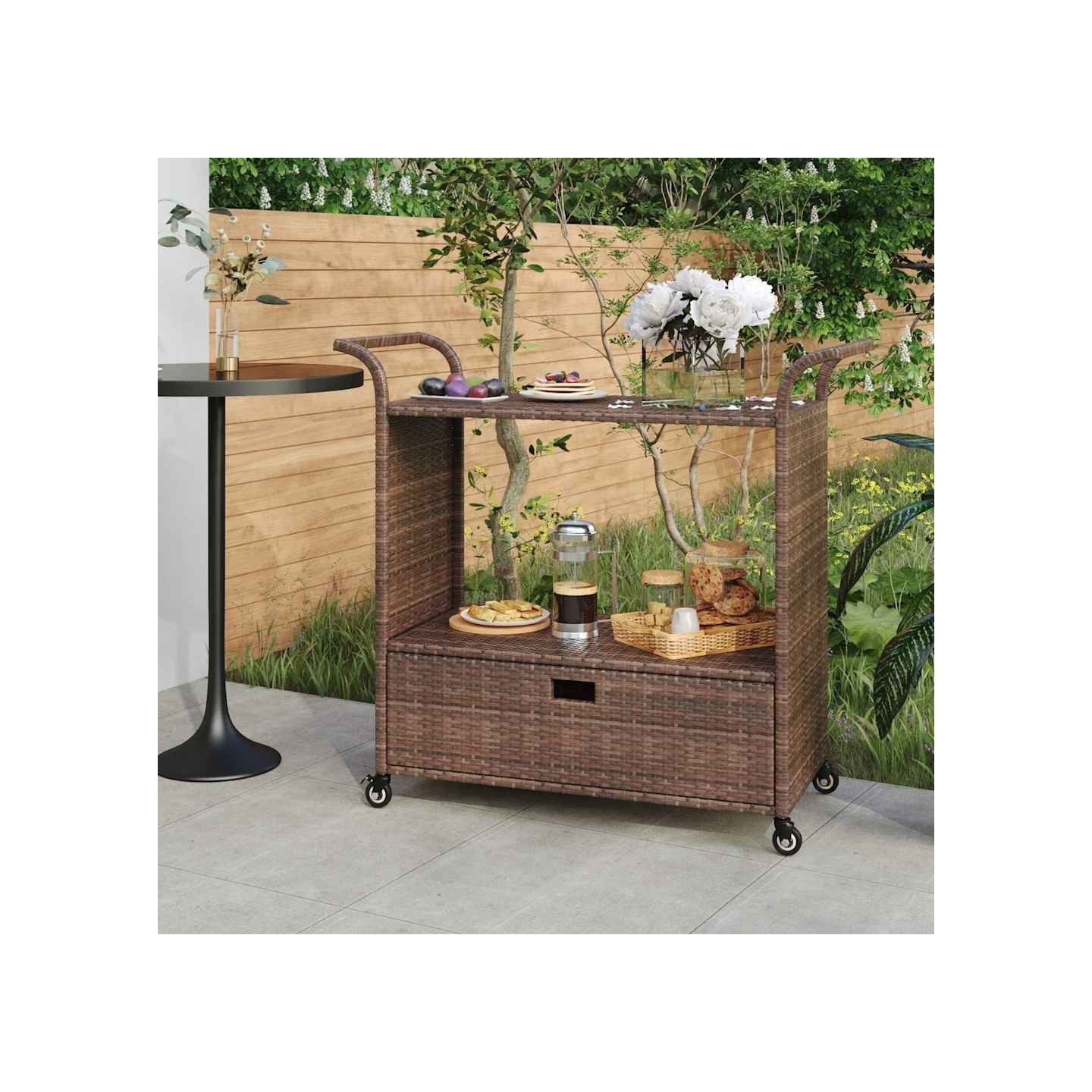 Chariot de bar avec tiroir Marron 100x45x97 cm Résine tressée