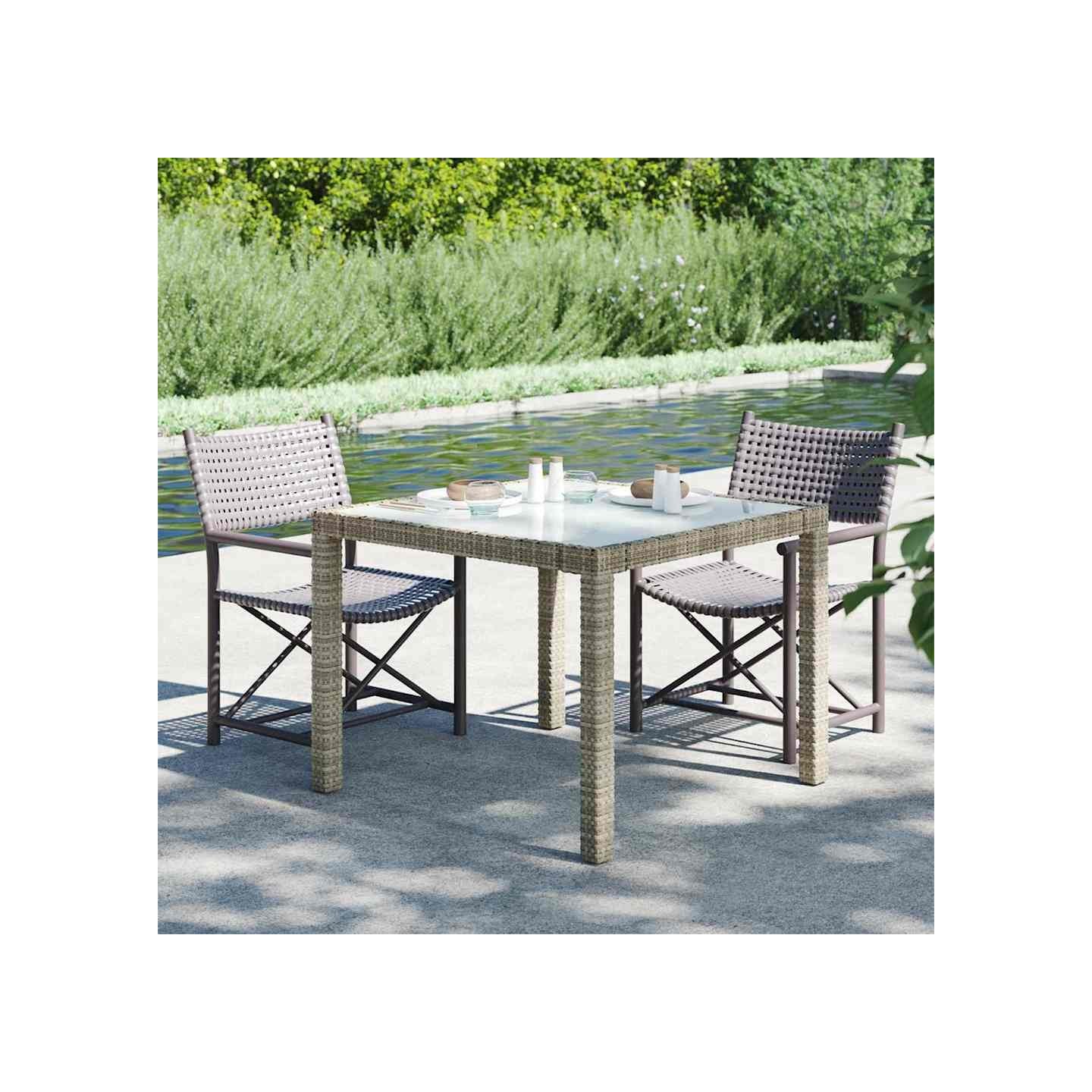 Table de jardin 90x90x75 cm Verre trempé et résine tressée Gris