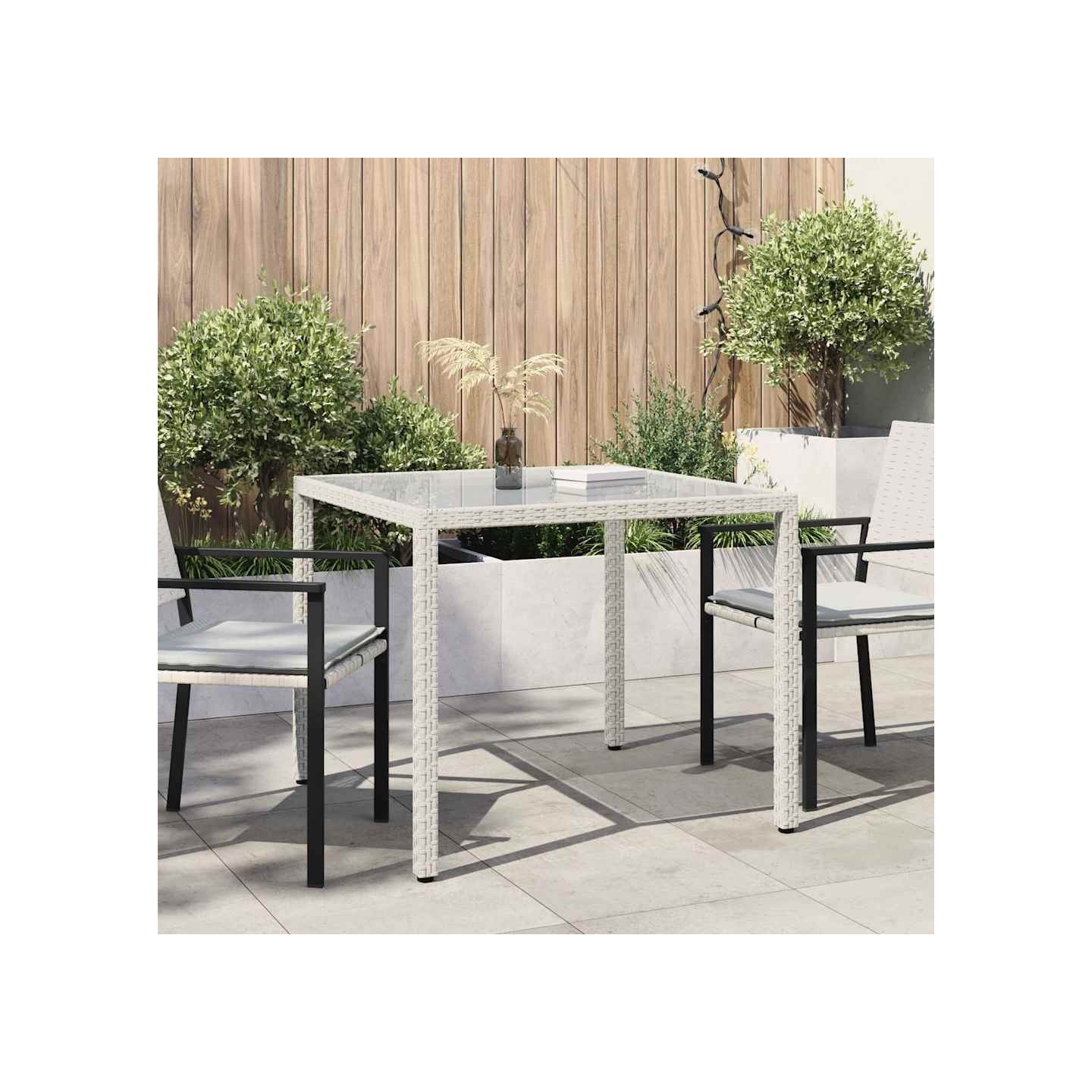 Table de jardin 90x90x75cm Verre trempé et résine tressée Blanc