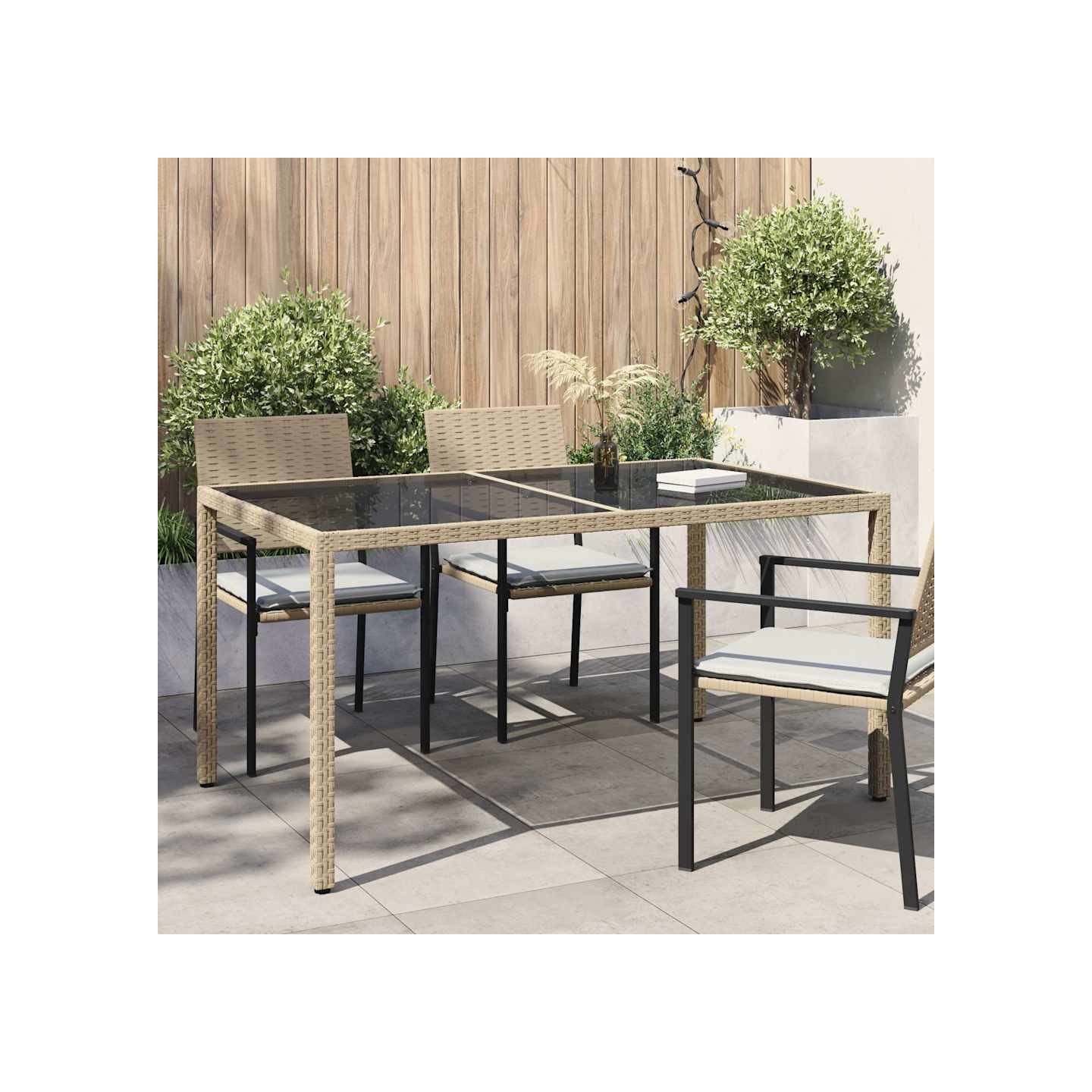 Table de jardin 150x90x75 cm Verre trempé/résine tressée Beige