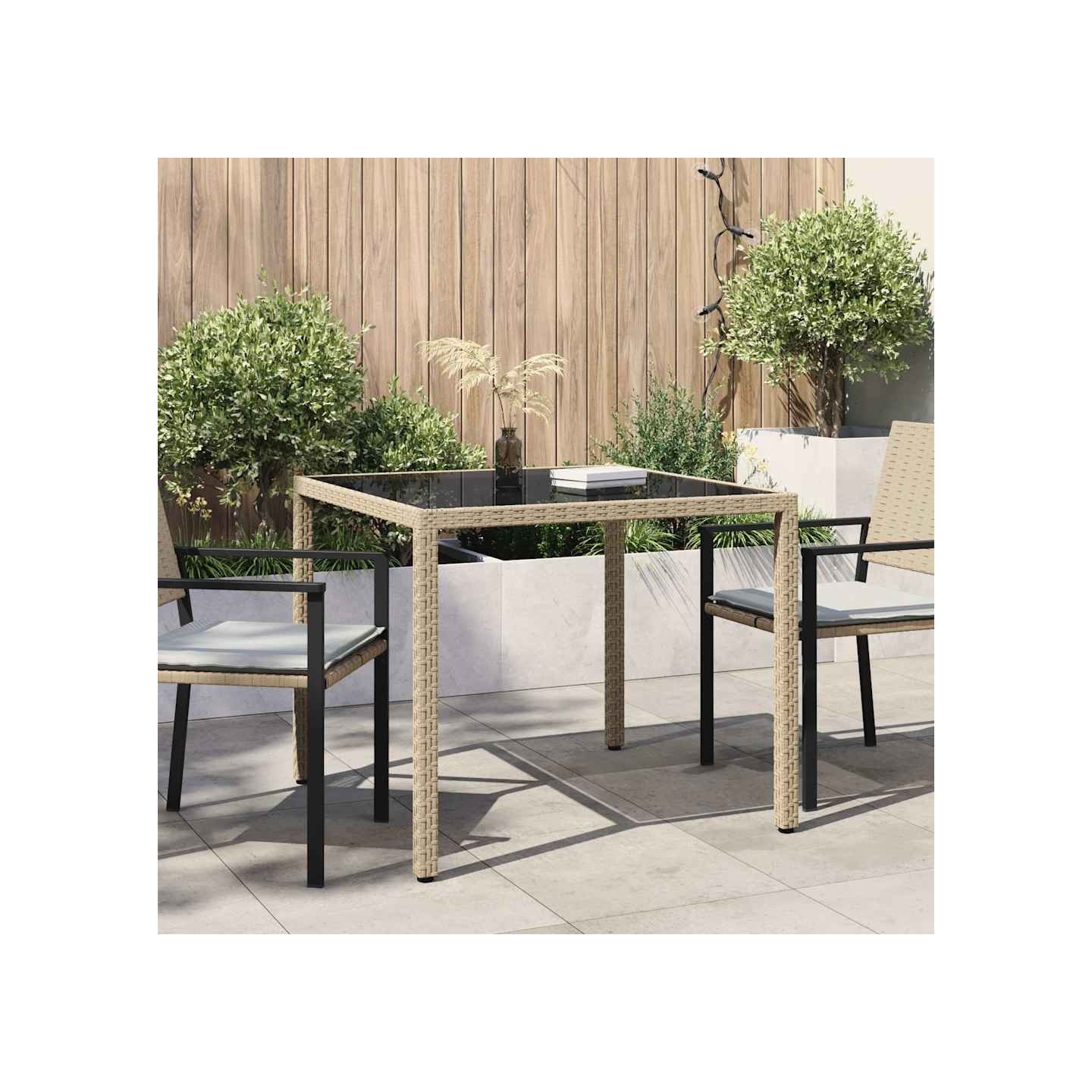 Table de jardin 90x90x75cm Verre trempé et résine tressée Beige