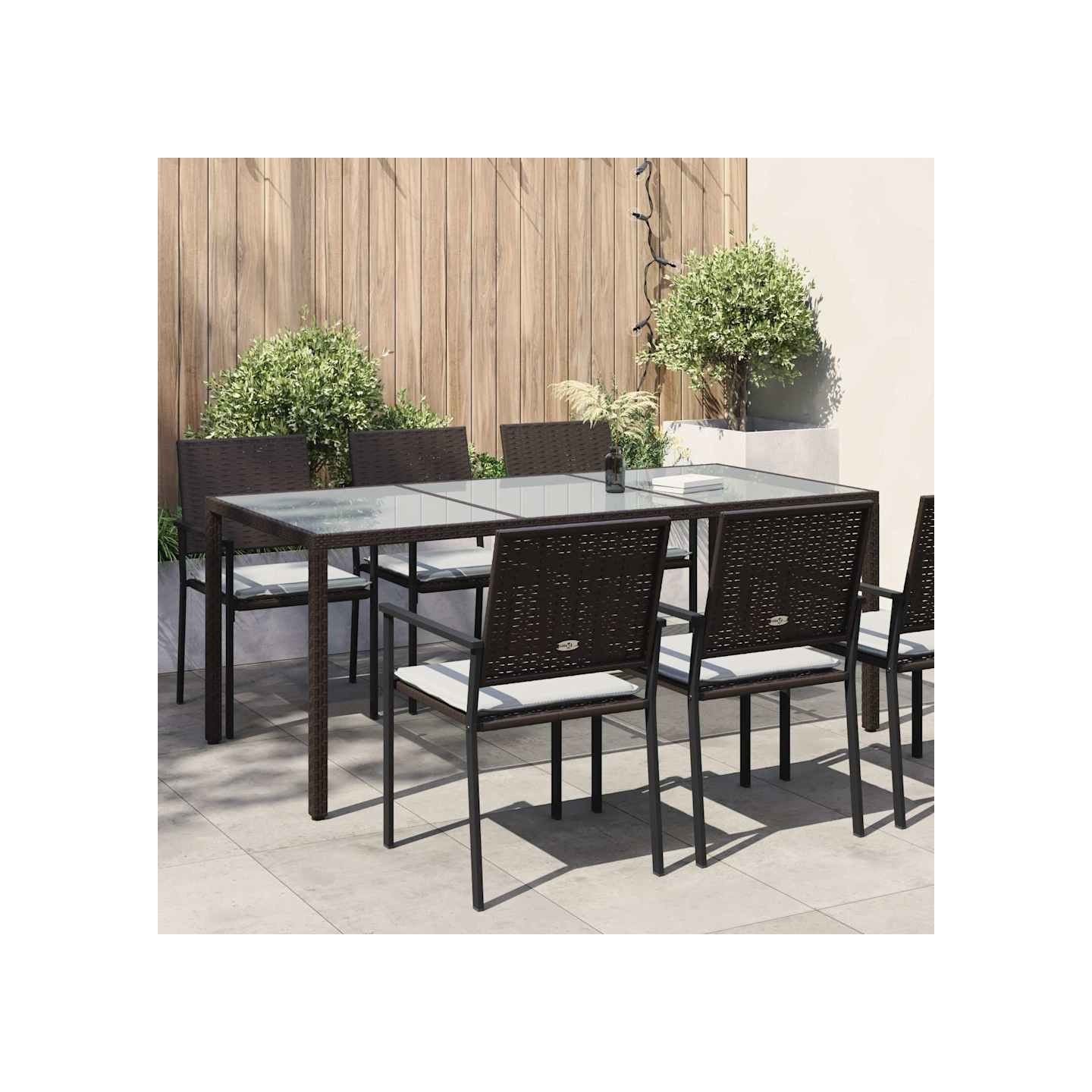 Table de jardin Marron 190x90x75 cm Verre trempé/résine tressée