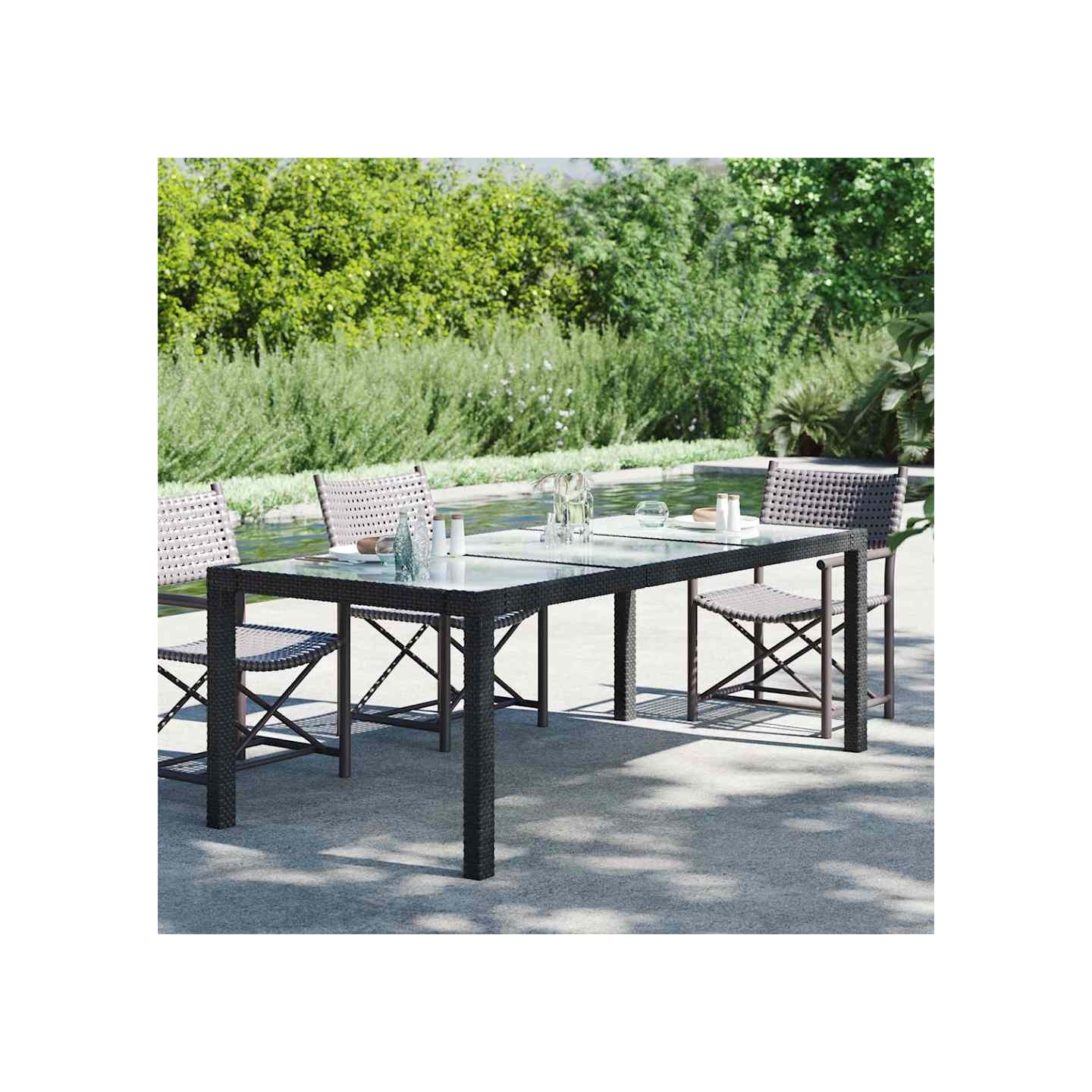 Table de jardin Noir 190x90x75 cm Verre trempé/résine tressée