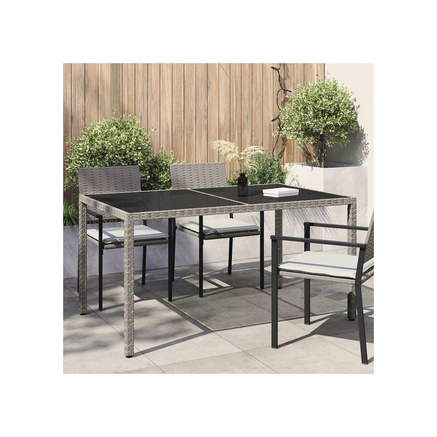 Table de jardin 150x90x75 cm Verre trempé et poly rotin Gris
