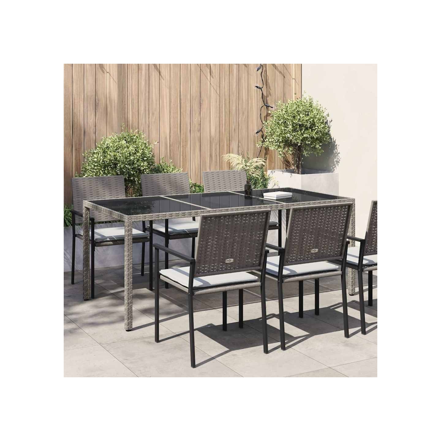 Table de jardin Gris 190x90x75 cm Verre trempé/résine tressée