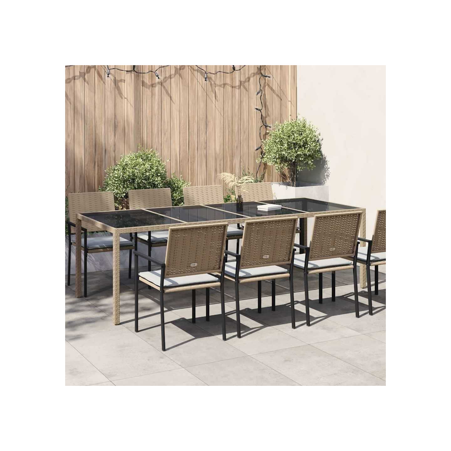 Table de jardin Beige 250x100x75 cm Verre trempé et poly rotin