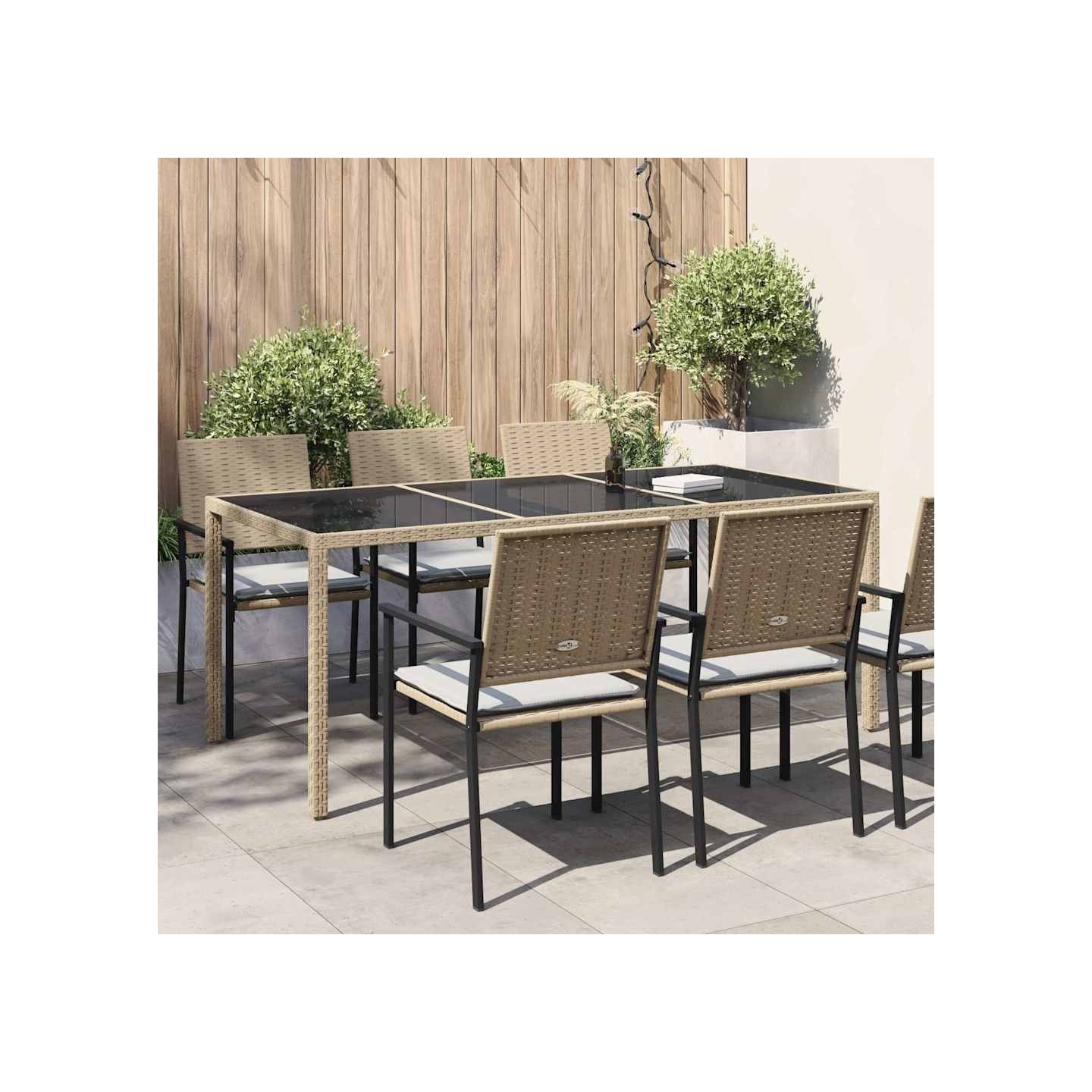 Table de jardin Beige 190x90x75 cm Verre trempé/résine tressée