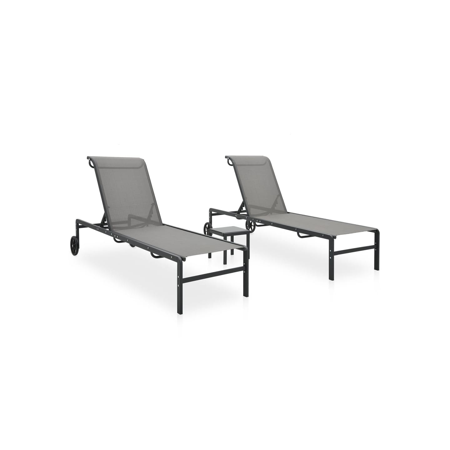 Chaises longues lot de 2 avec table Textilène et acier