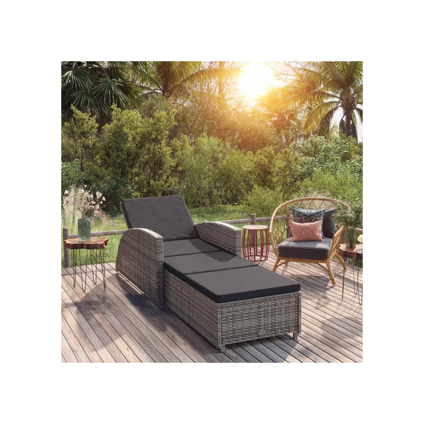 Chaise longue avec coussin gris foncé Résine tressée Gris