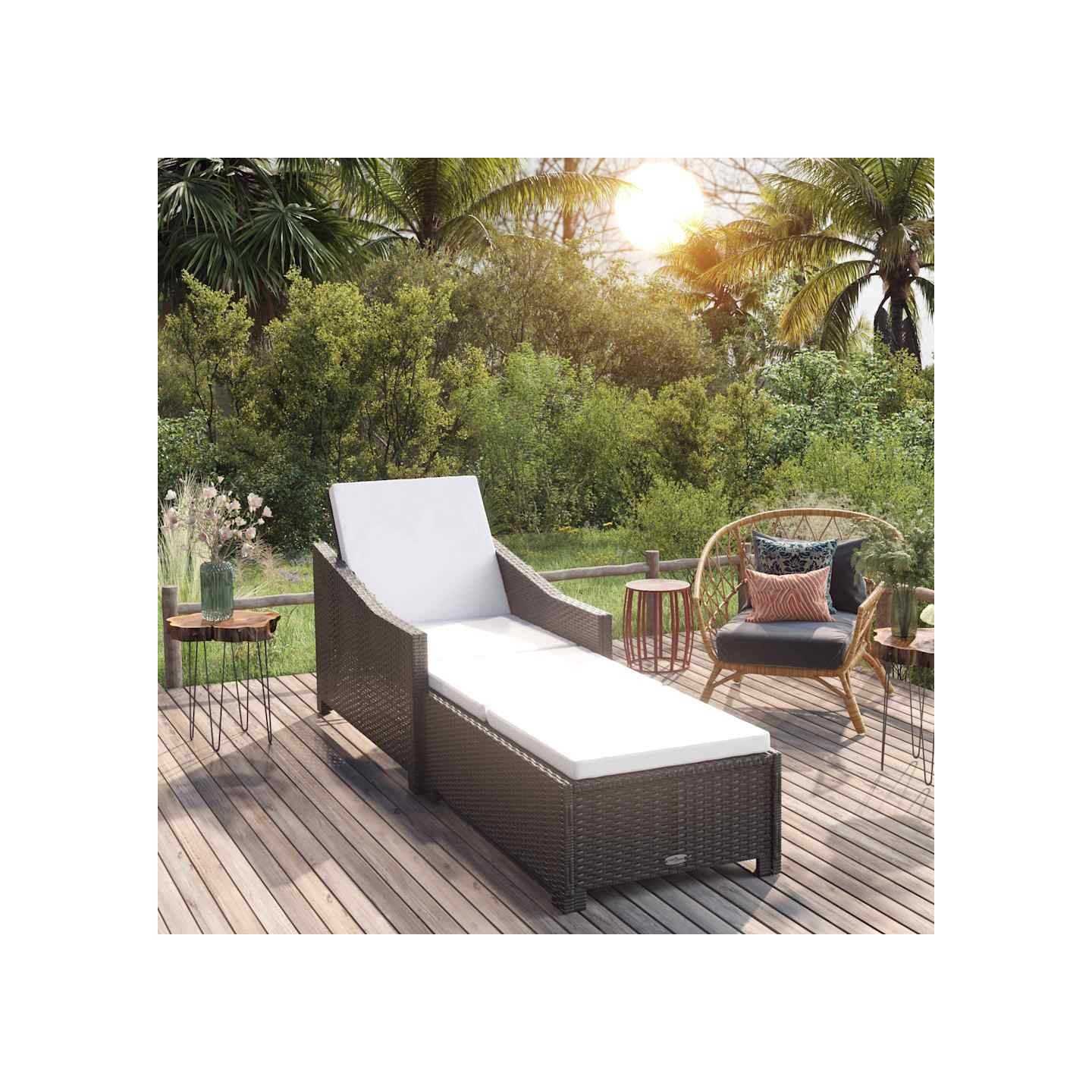 Chaise longue avec coussin blanc crème Résine tressée Noir