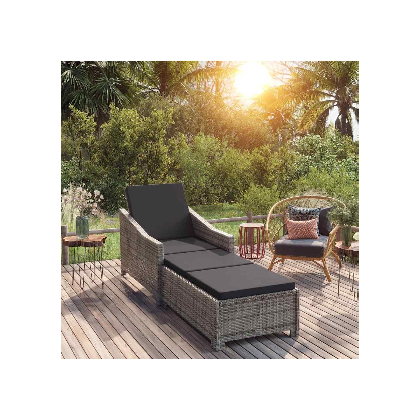 Chaise longue avec coussin gris foncé Résine tressée Gris