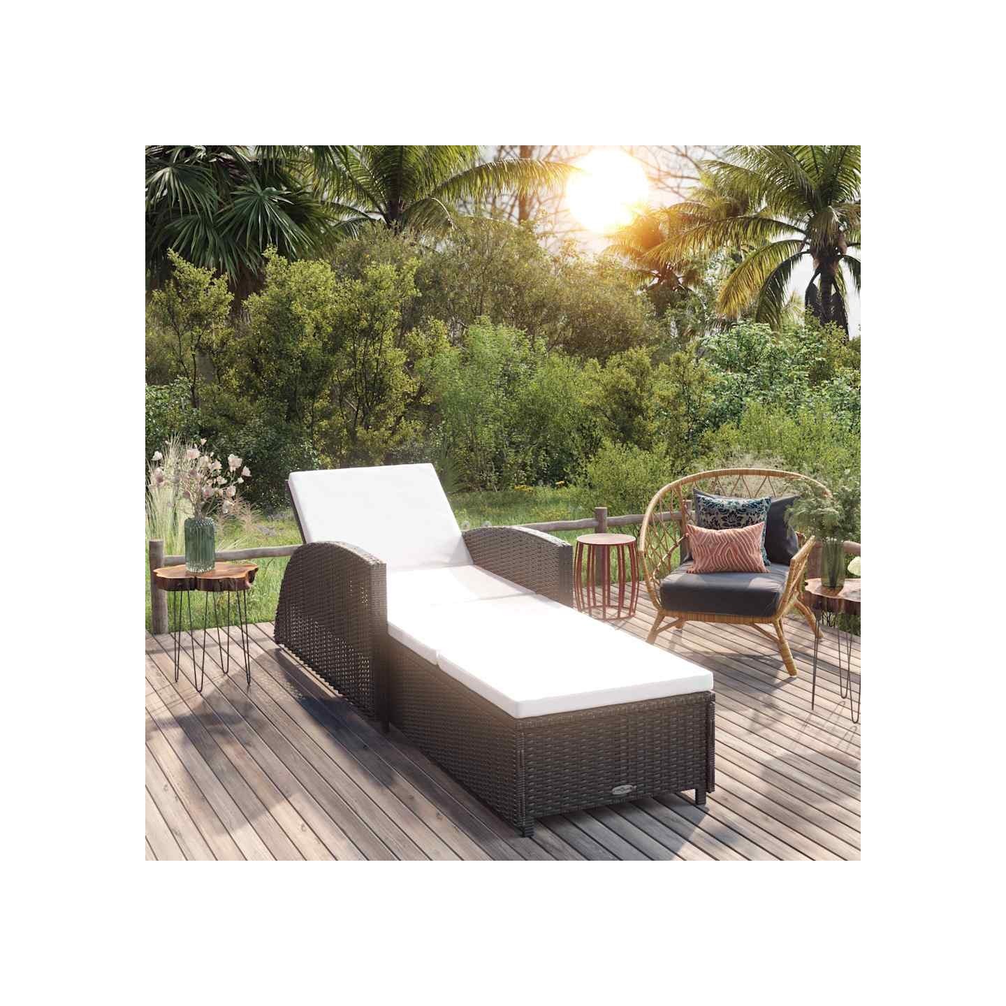 Chaise longue avec coussin blanc crème Résine tressée Noir