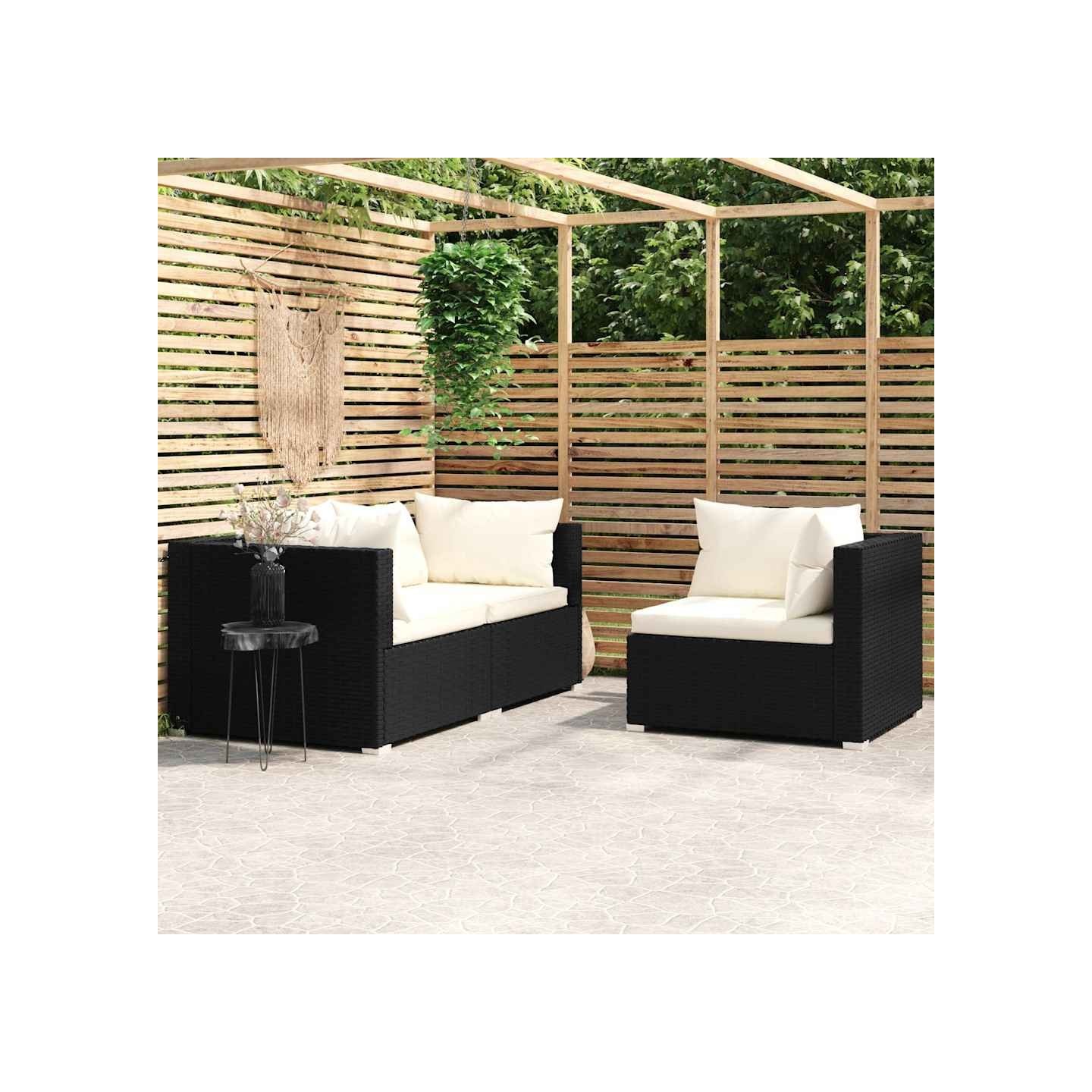 Salon de jardin 3 pcs avec coussins Noir Résine tressée