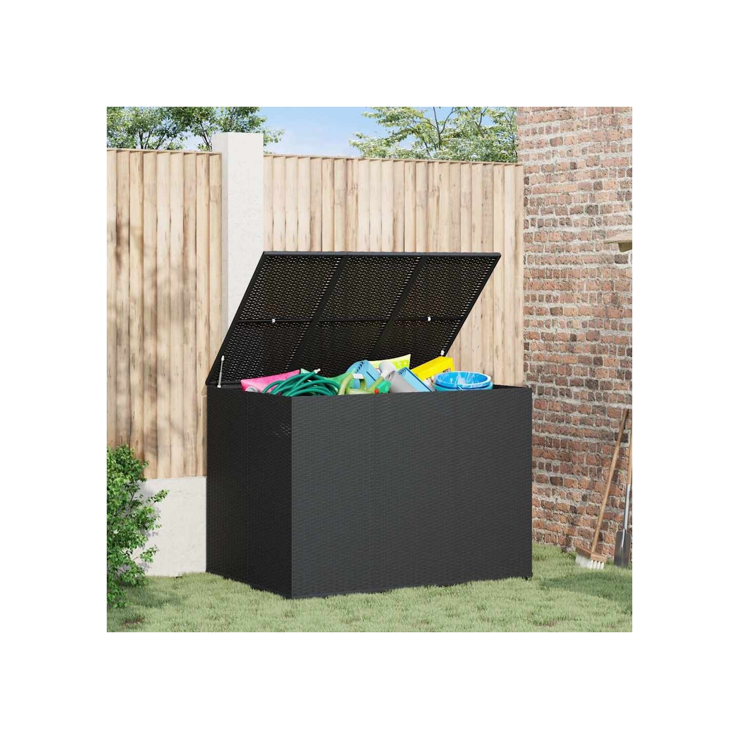 Boîte à coussins de jardin Résine tressée 145x100x103 cm Noir