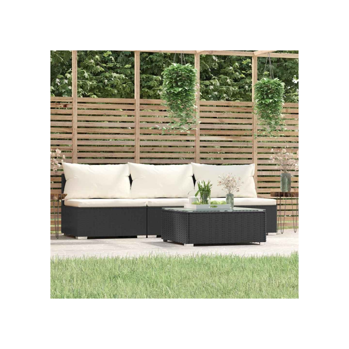 Salon de jardin 4 pcs avec coussins Noir Résine tressée