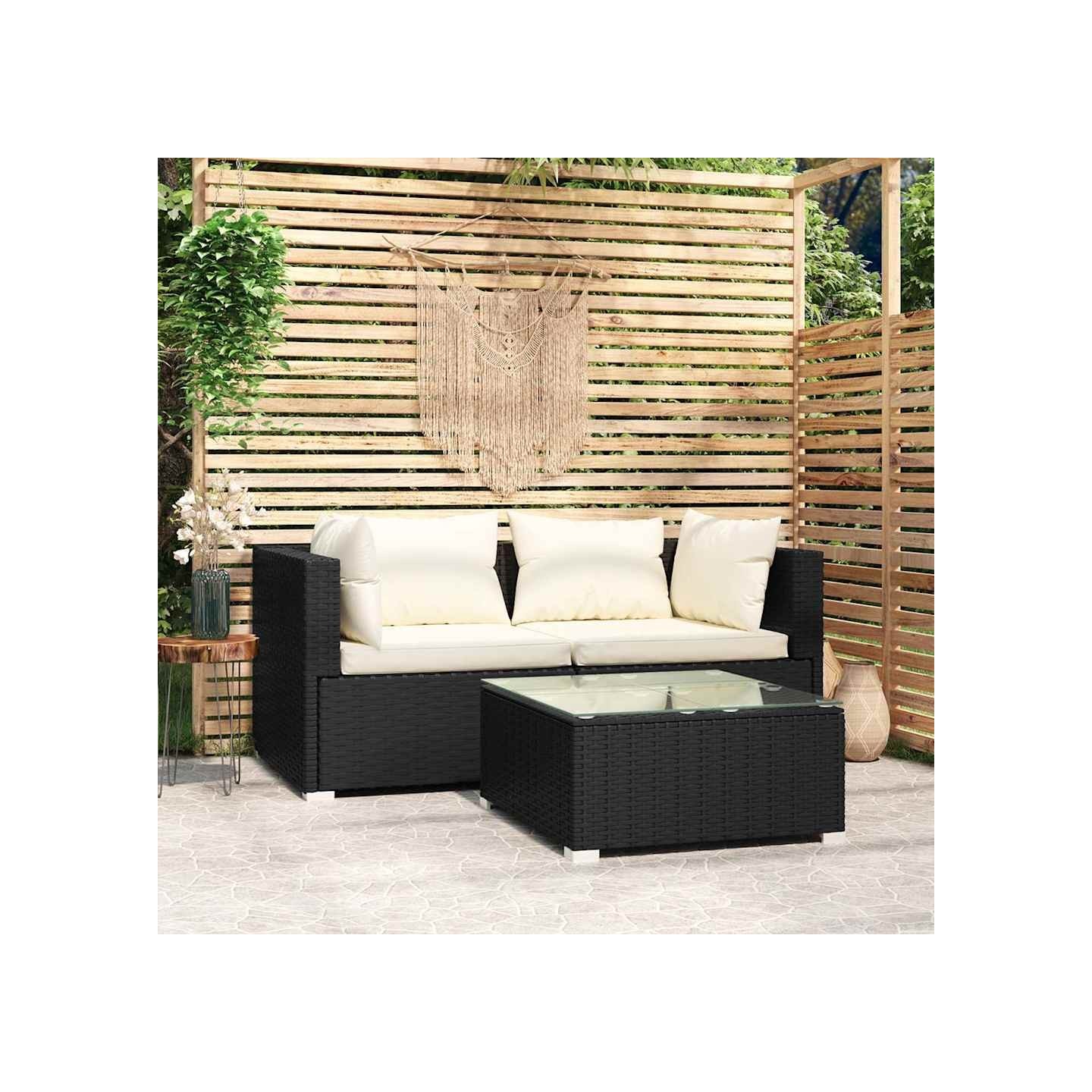 Salon de jardin 3 pcs avec coussins Noir Résine tressée