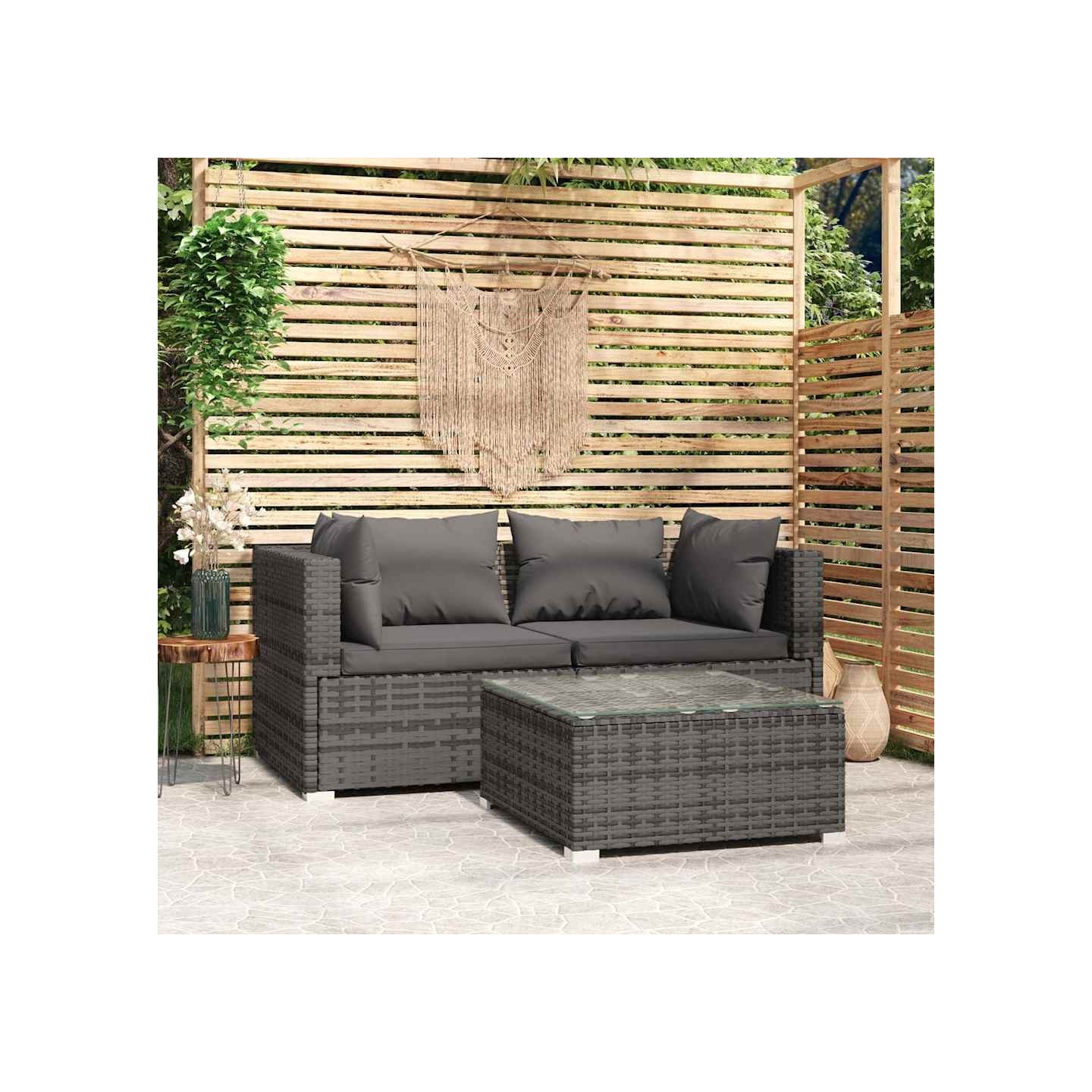 Salon de jardin 3 pcs avec coussins Gris Résine tressée