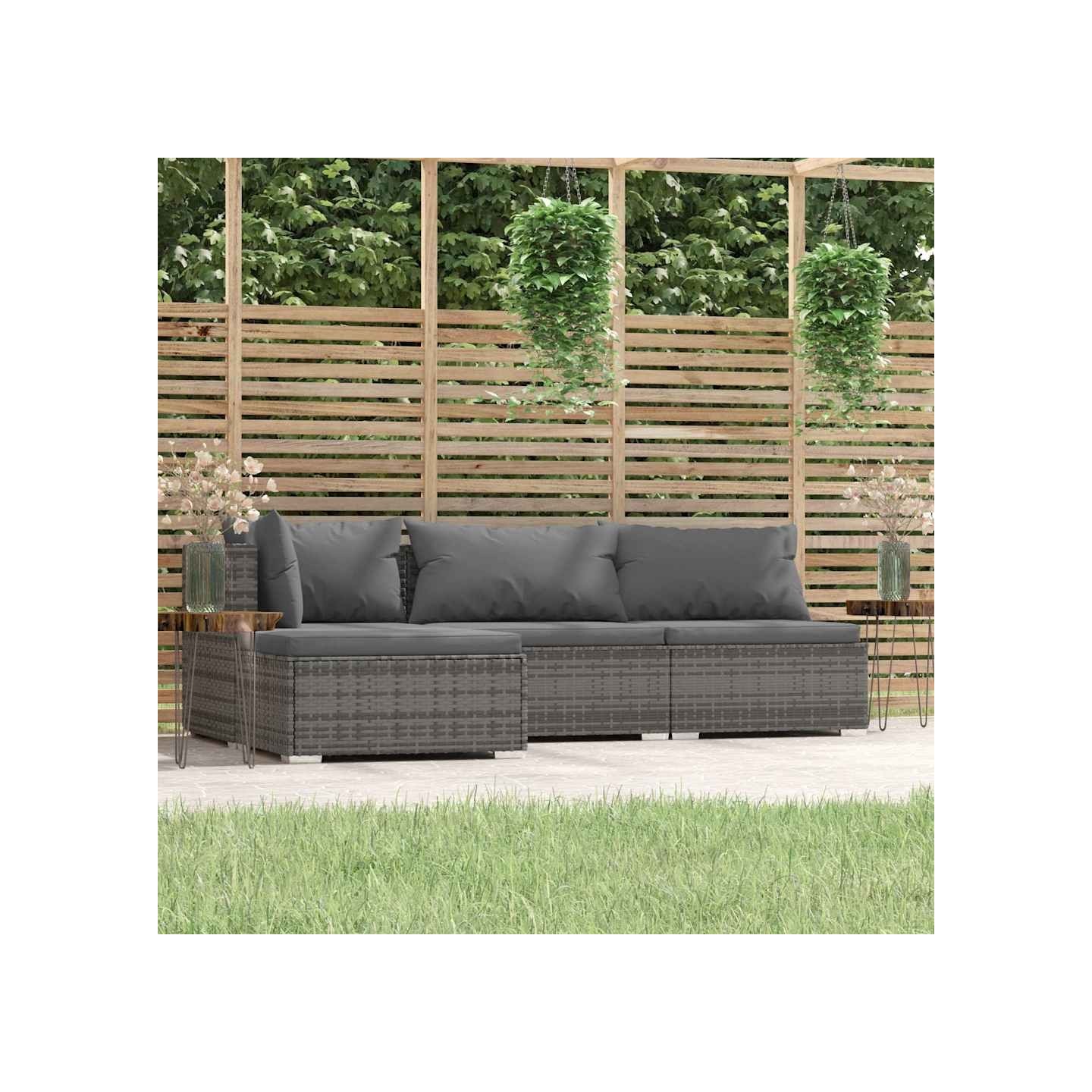 Salon de jardin 4 pcs avec coussins Gris Résine tressée