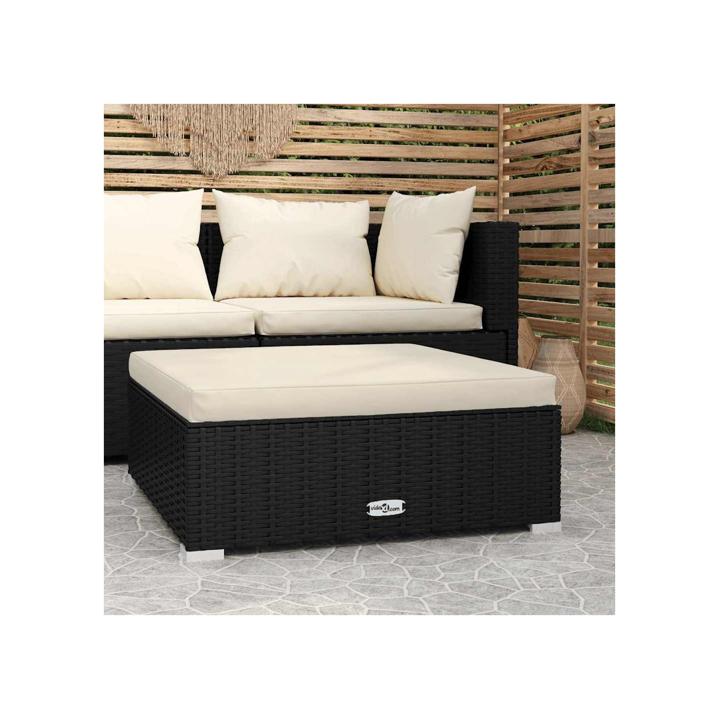Repose-pied de jardin et coussin Noir 70x70x30cm Résine tressée