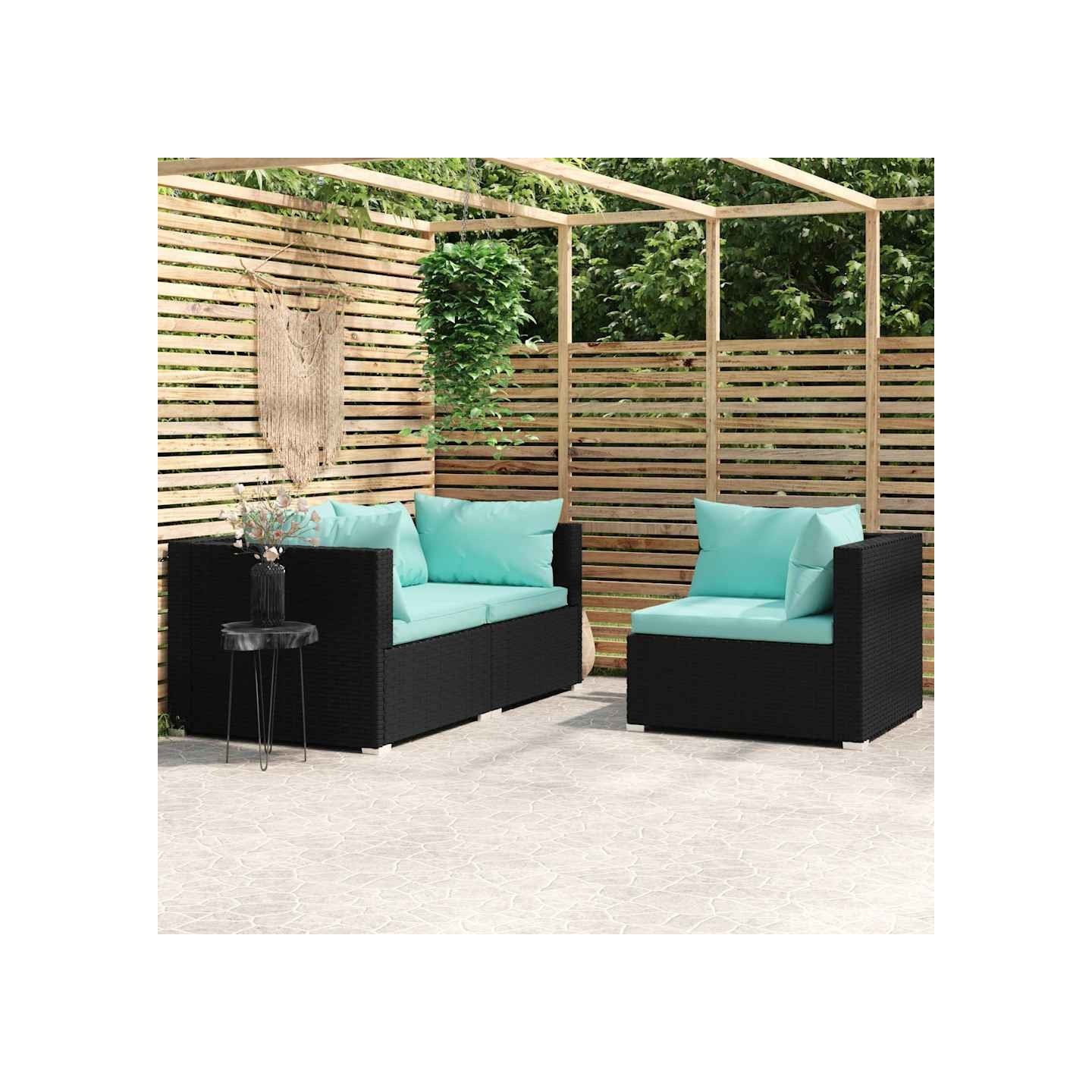 Salon de jardin 3 pcs avec coussins Noir Résine tressée