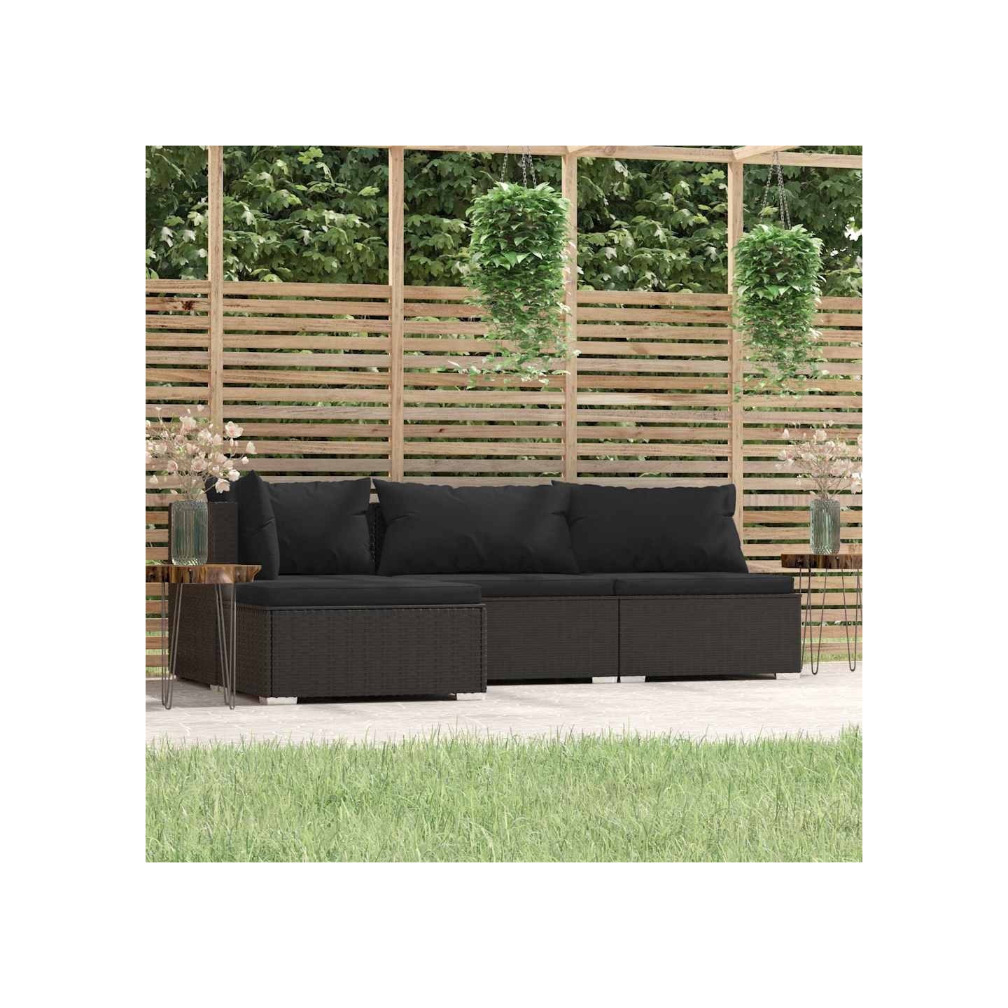 Salon de jardin 4 pcs avec coussins Noir Résine tressée
