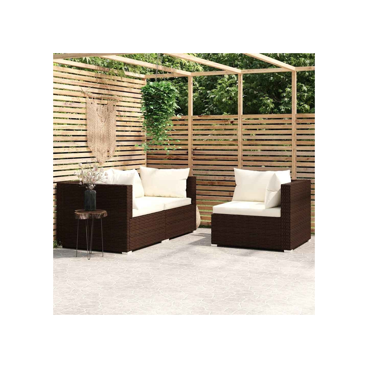 Salon de jardin 3 pcs avec coussins Marron Résine tressée