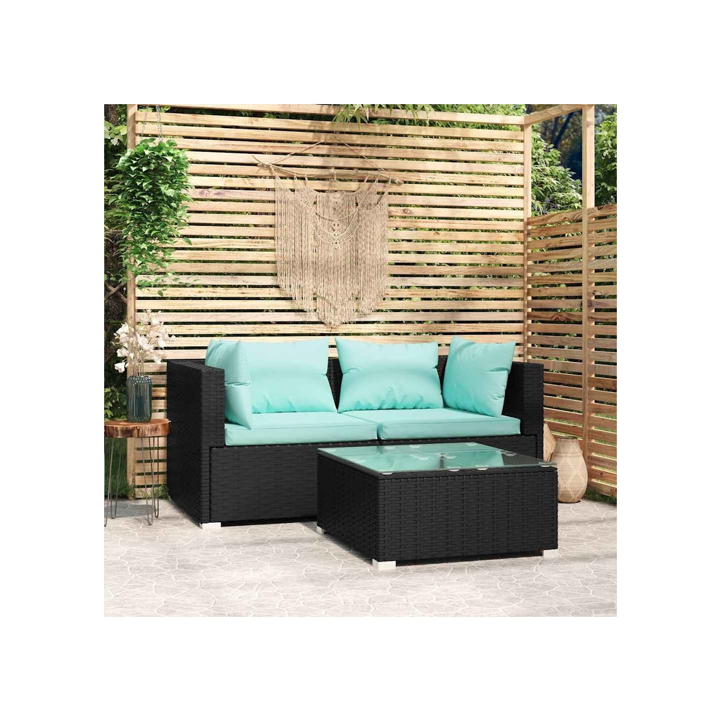 Salon de jardin 3 pcs avec coussins Noir Résine tressée
