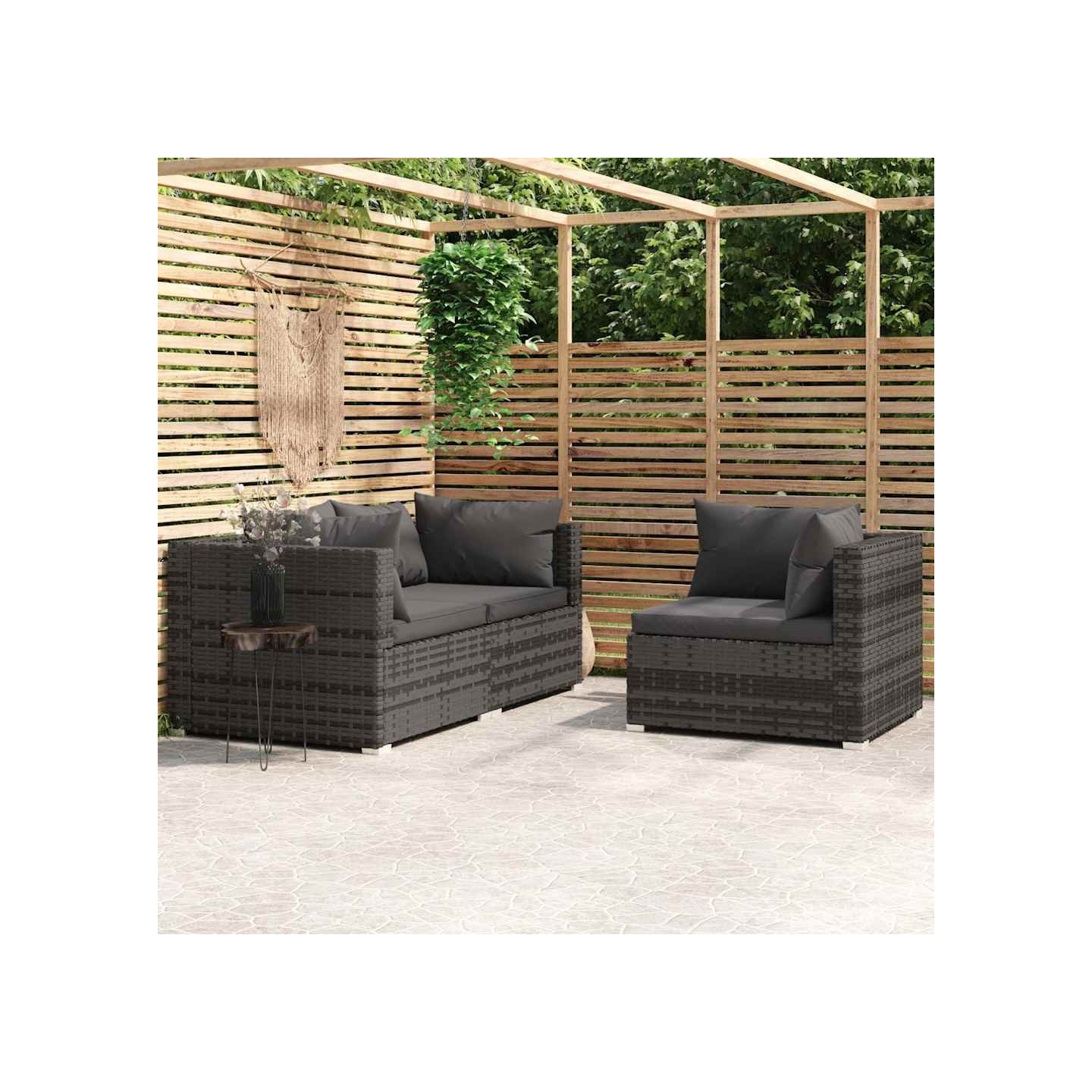 Salon de jardin 3 pcs avec coussins Gris Résine tressée