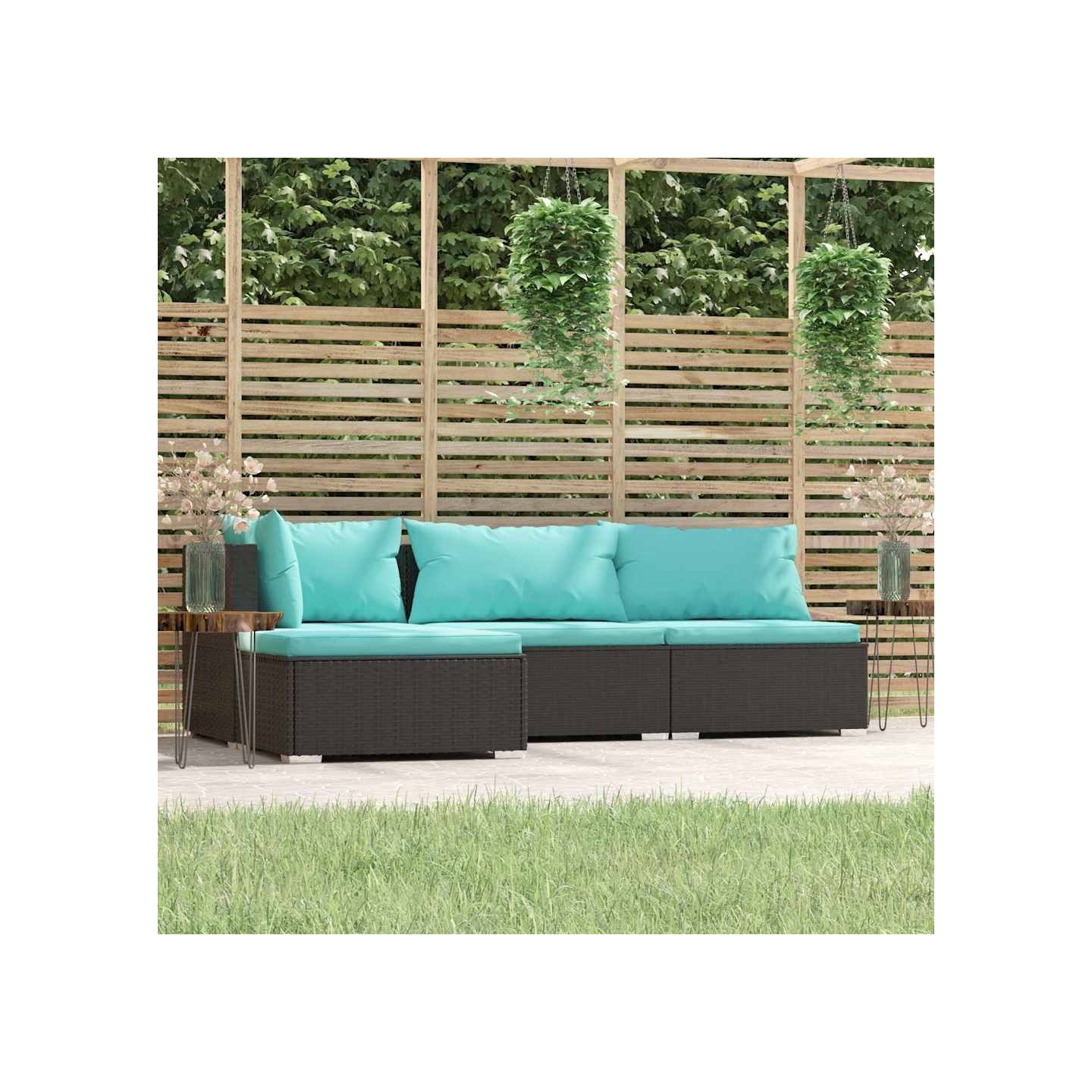 Salon de jardin 4 pcs avec coussins Noir Résine tressée