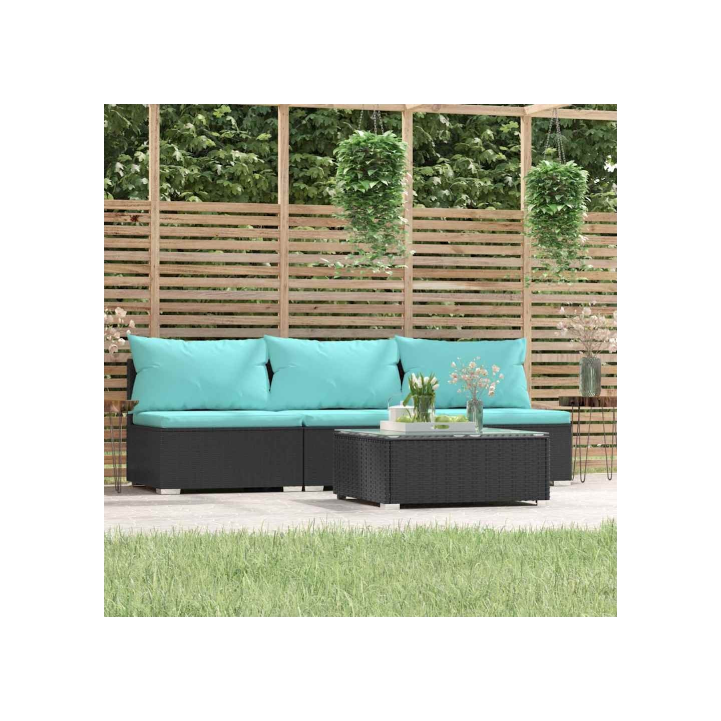 Salon de jardin 4 pcs avec coussins Noir Résine tressée