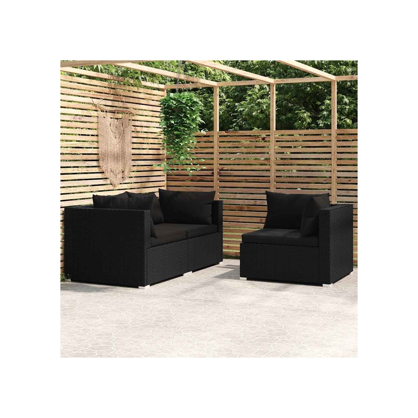 Salon de jardin 3 pcs avec coussins Noir Résine tressée