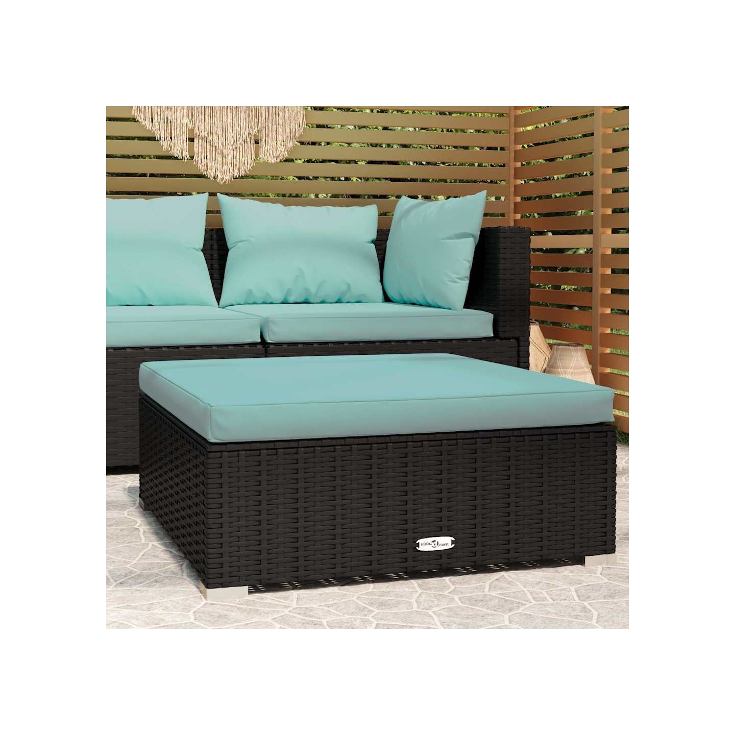 Repose-pied de jardin et coussin Noir 70x70x30cm Résine tressée