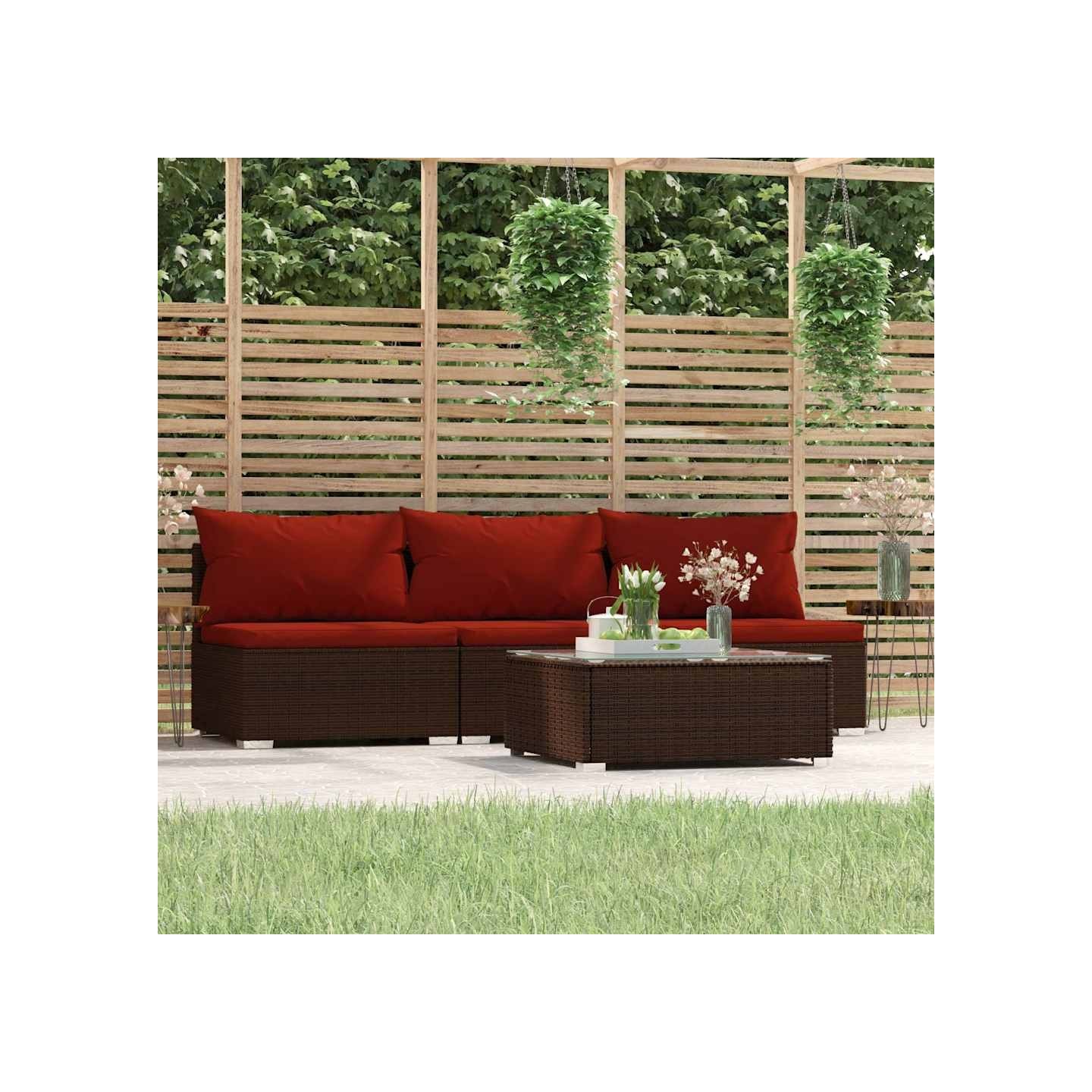 Salon de jardin 4 pcs avec coussins Marron Résine tressée