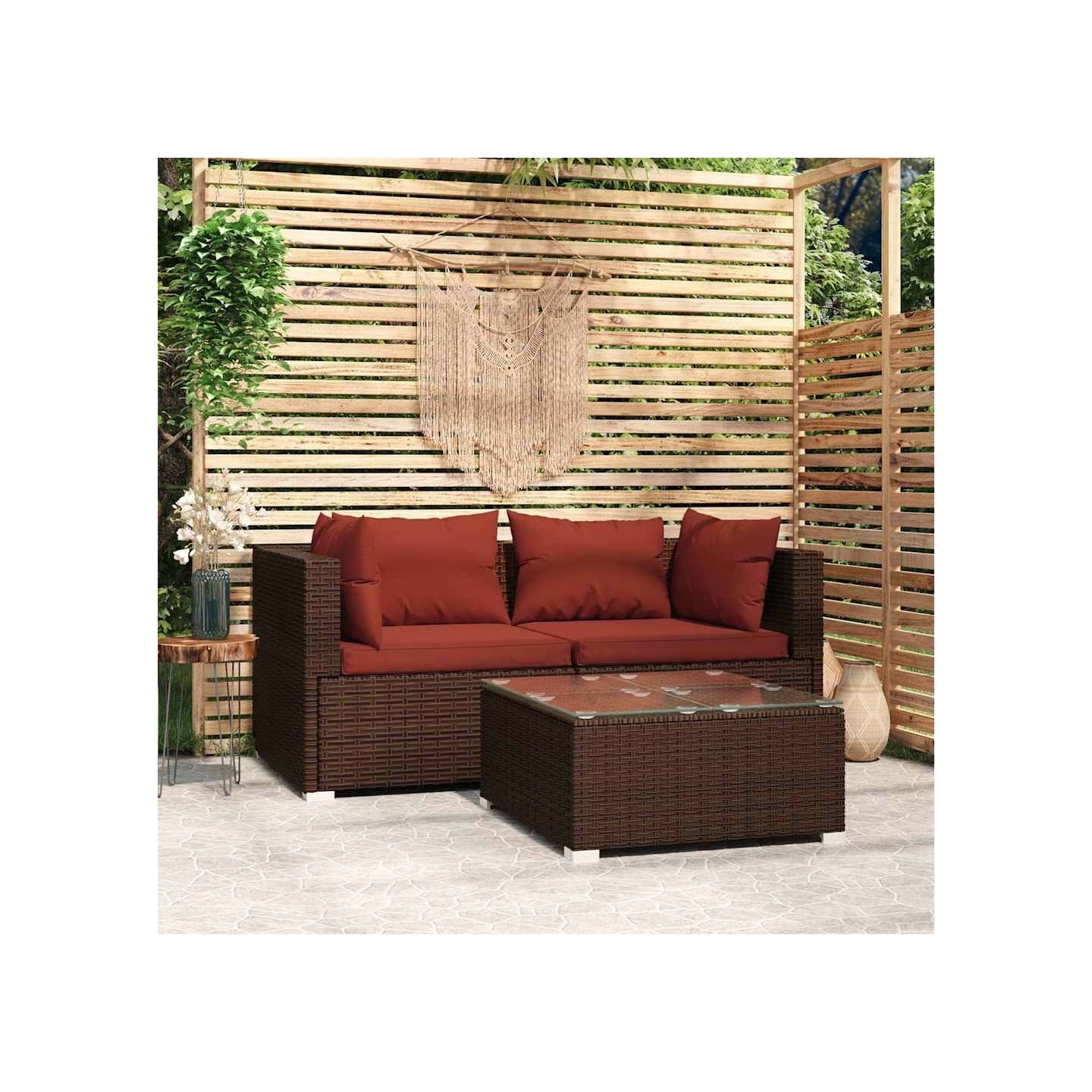 Salon de jardin 3 pcs avec coussins Marron Résine tressée