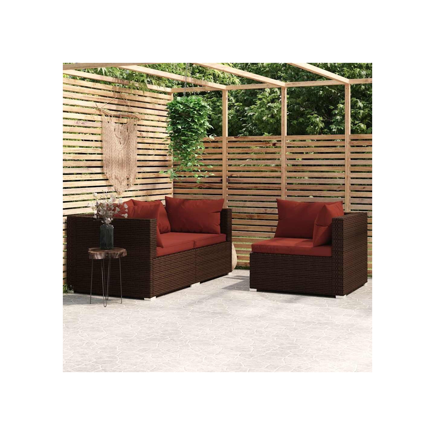 Salon de jardin 3 pcs avec coussins Marron Résine tressée