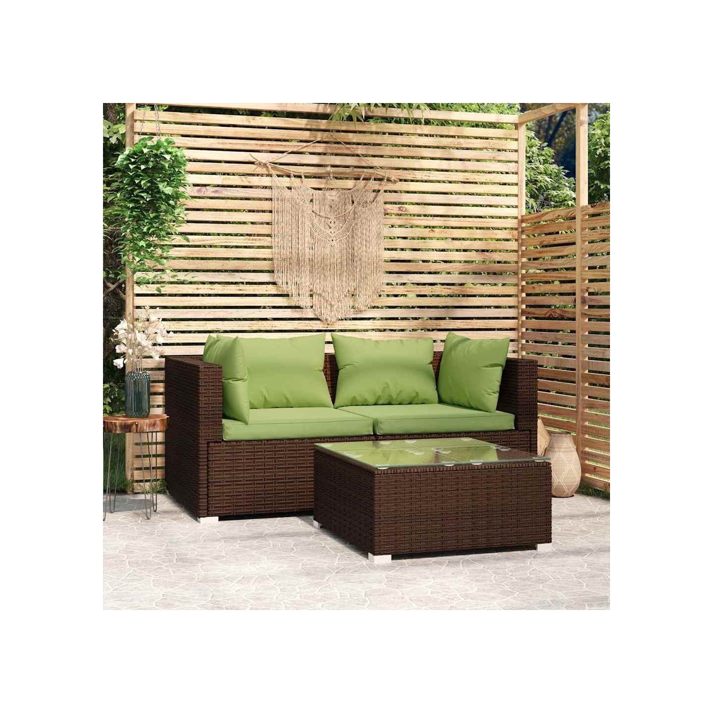 Salon de jardin 3 pcs avec coussins marron résine tressée