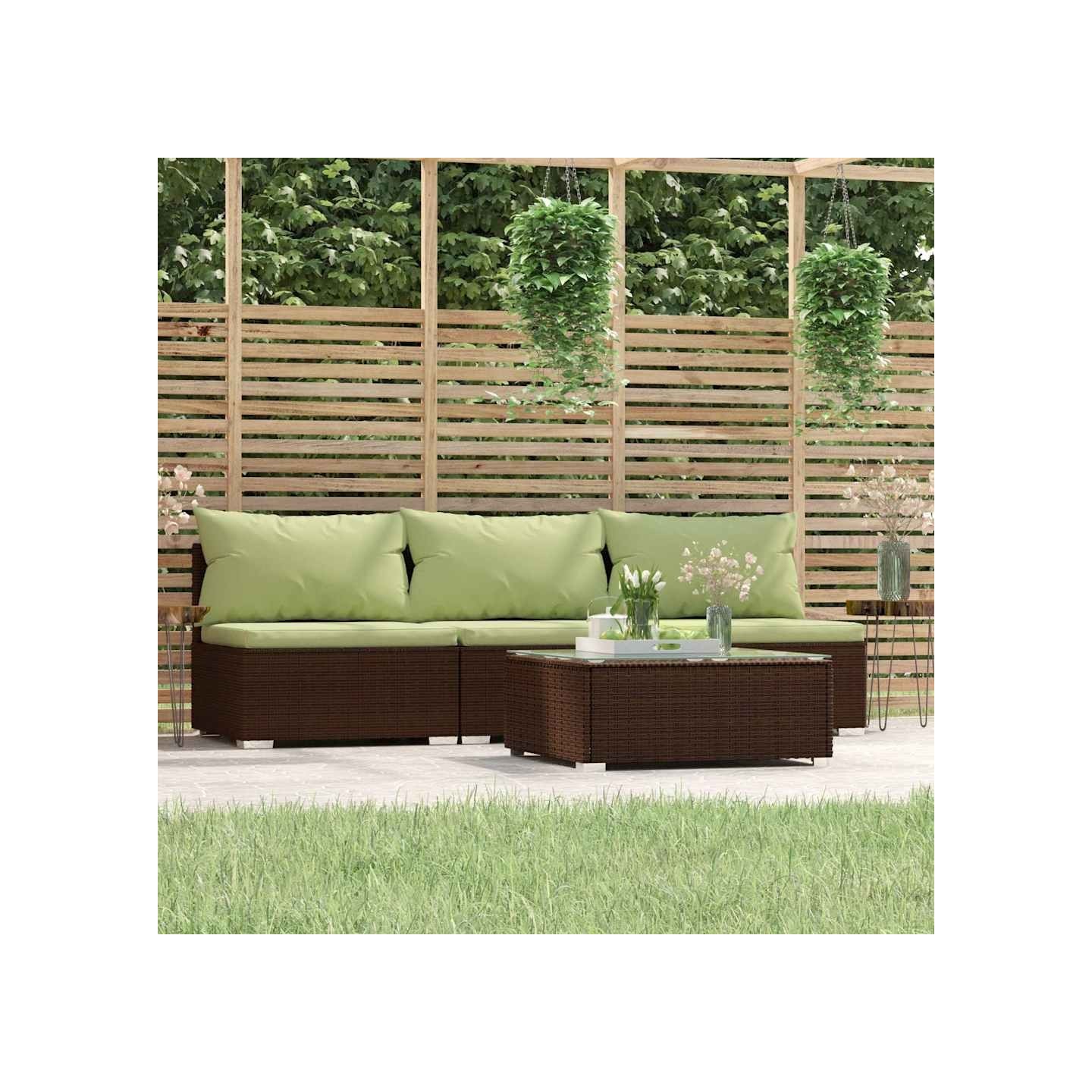 Salon de jardin 4 pcs avec coussins Marron Résine tressée