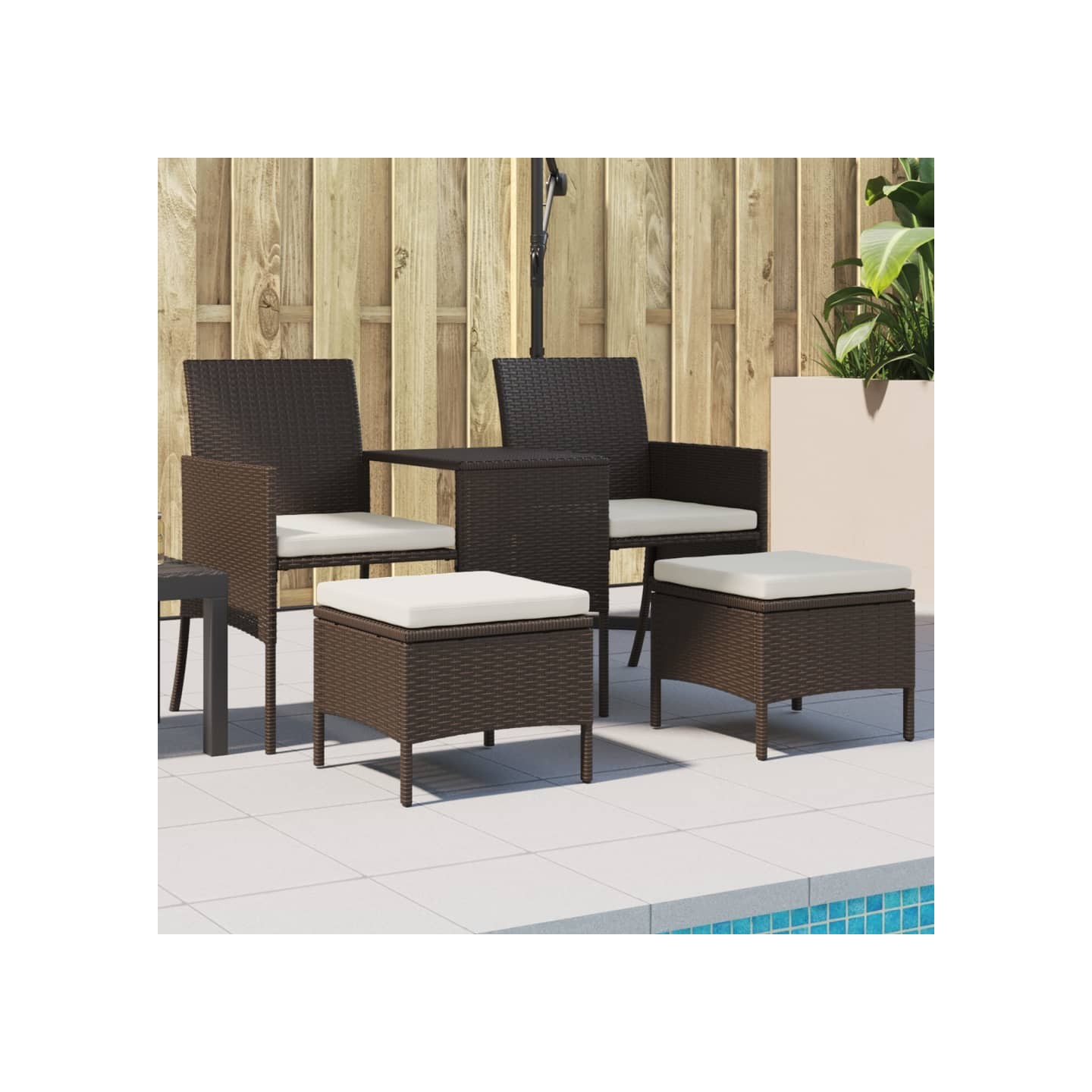 Canapé de jardin 2 places avec table et tabourets marron rotin