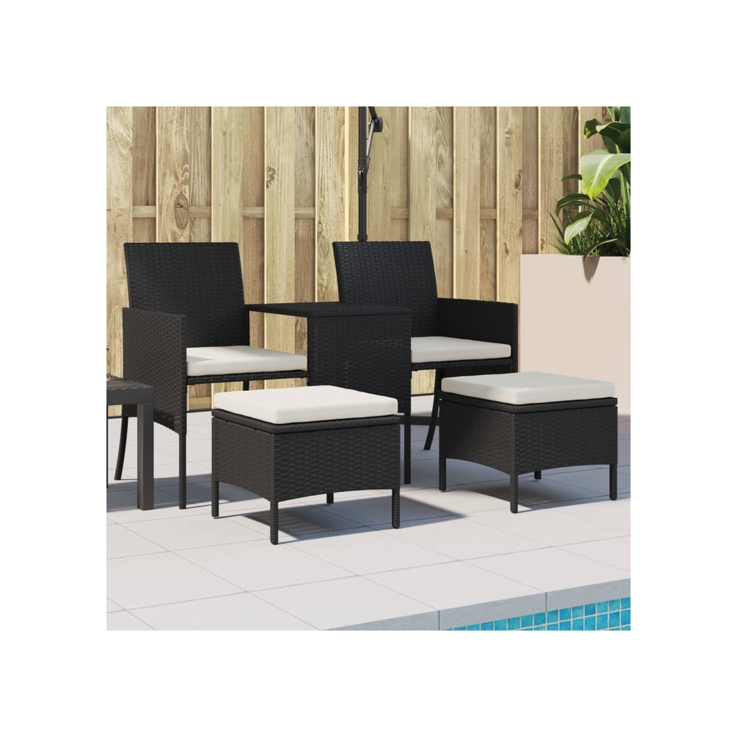 Canapé de jardin 2 places avec table et tabourets noir rotin