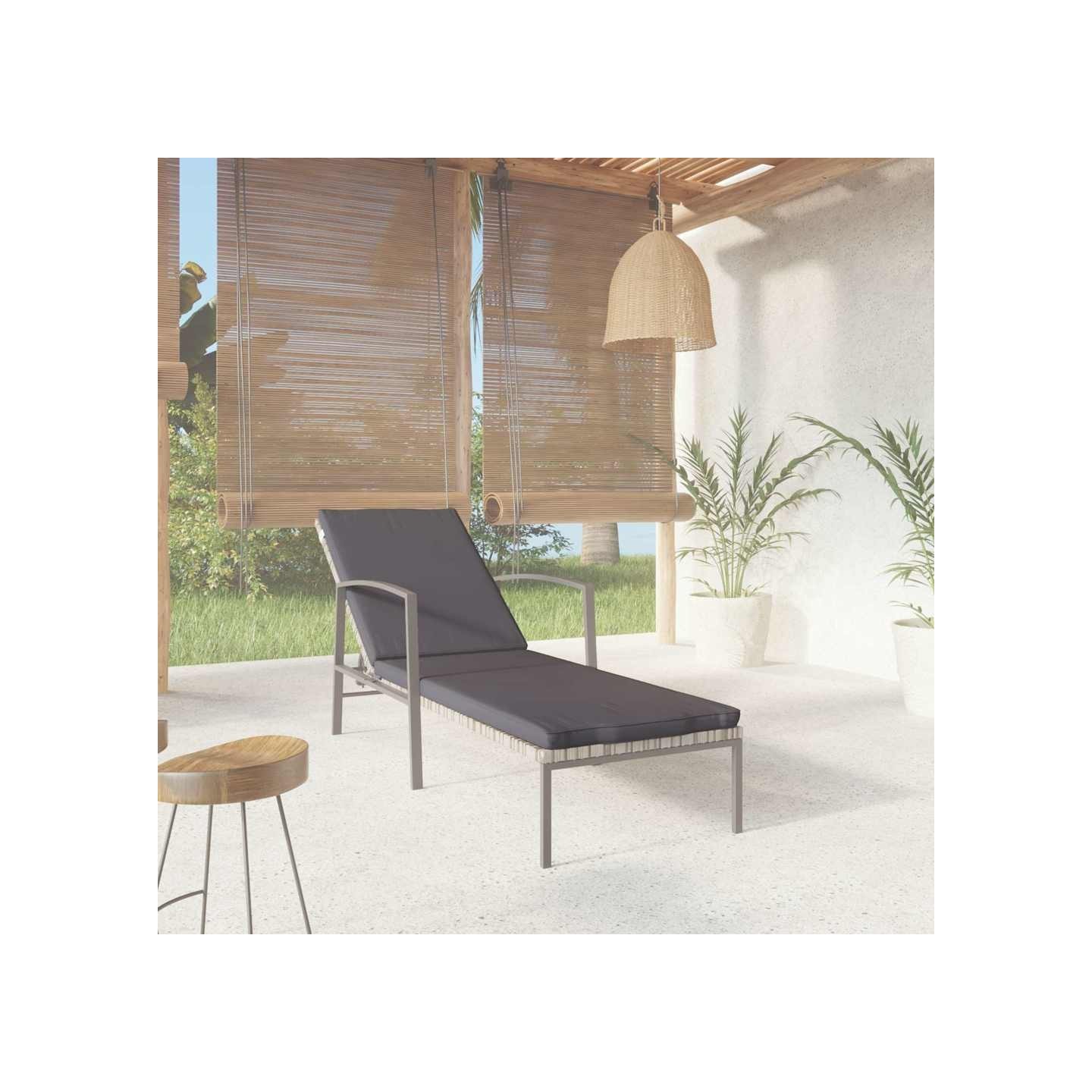 Chaise longue de jardin avec coussin Résine tressée Gris