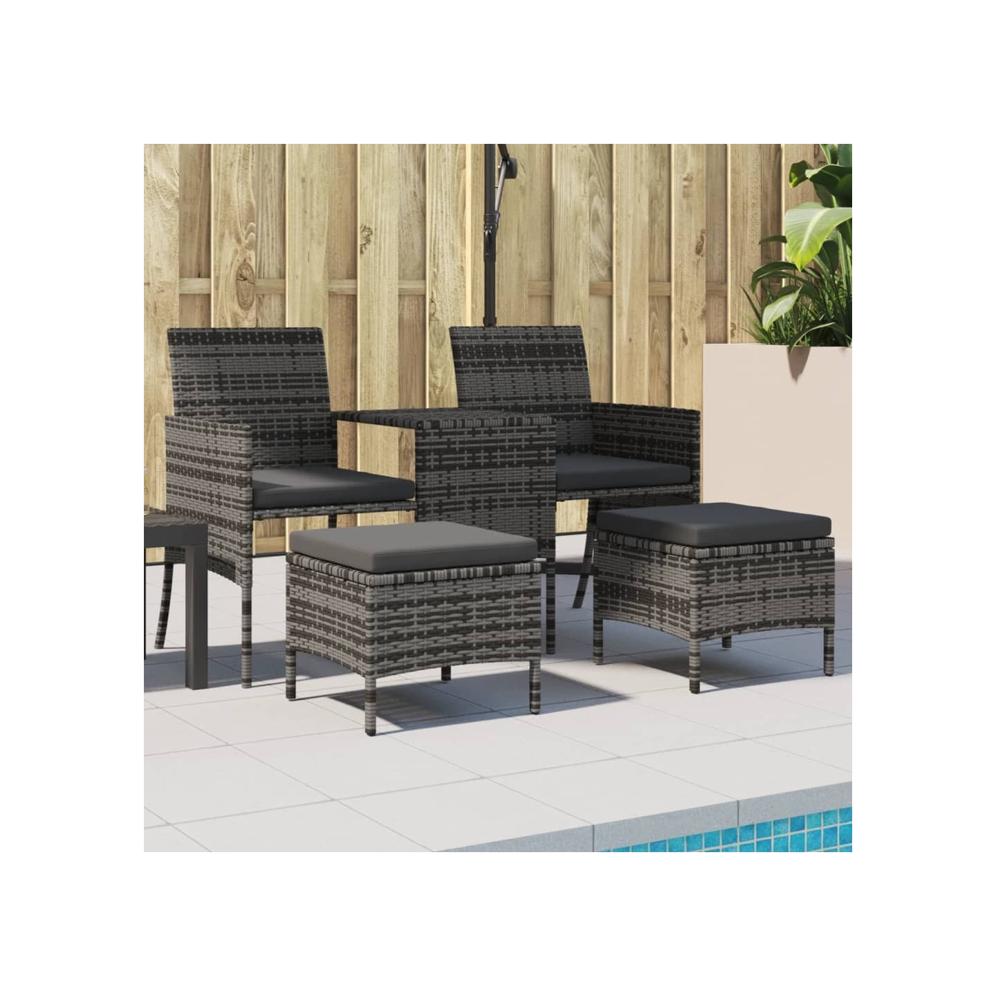 Canapé de jardin 2 places avec table et tabourets gris rotin