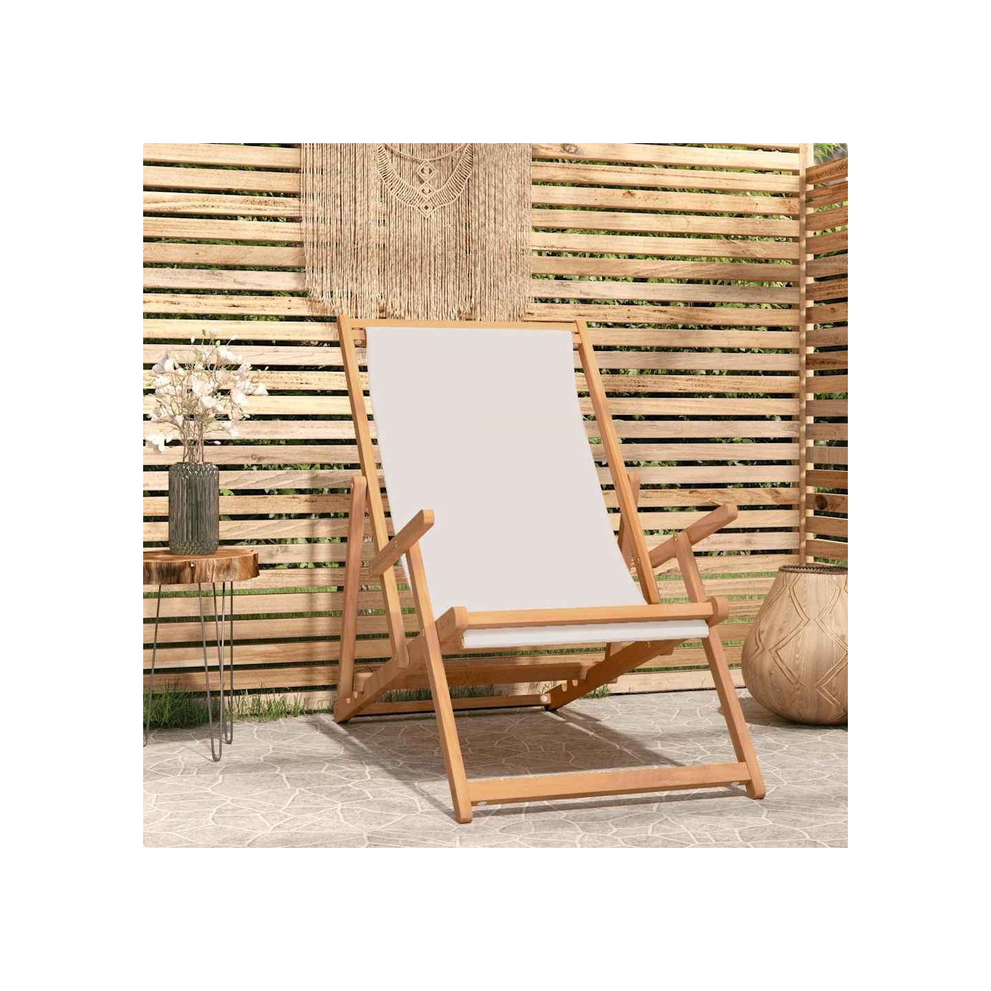 Chaise pliante en bois massif teck couleur crème