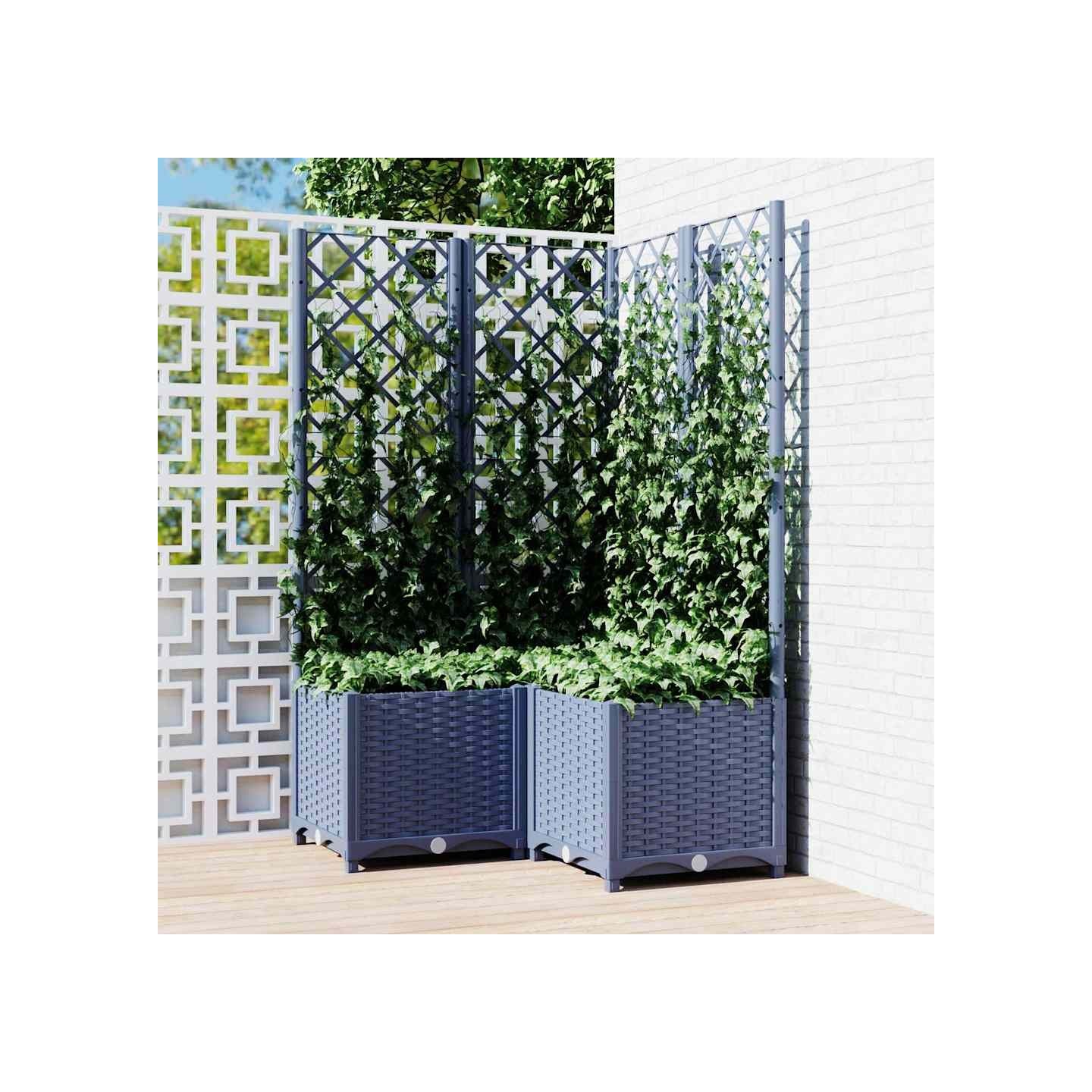 Jardinière avec treillis bleu gris 80x80x136 cm PP