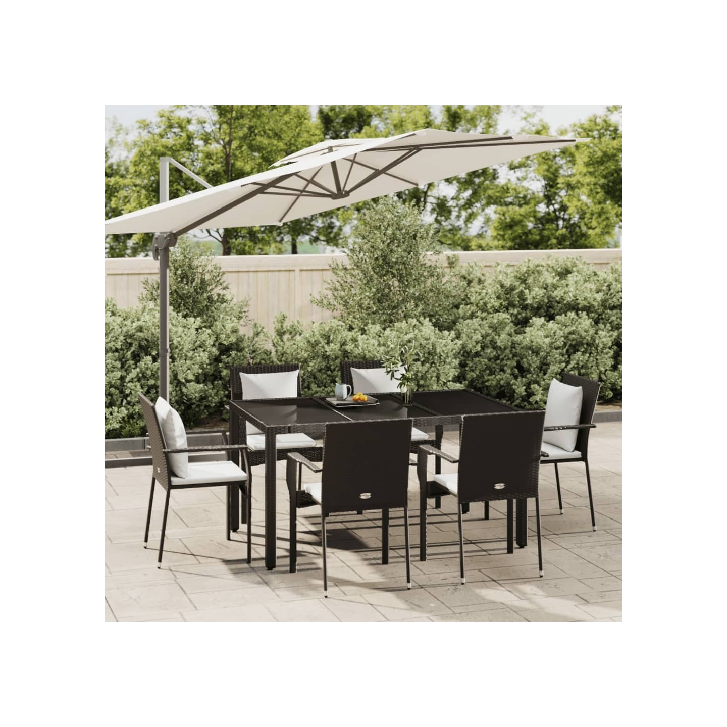 Ensemble à manger de jardin coussins 7pcs Noir Résine tressée