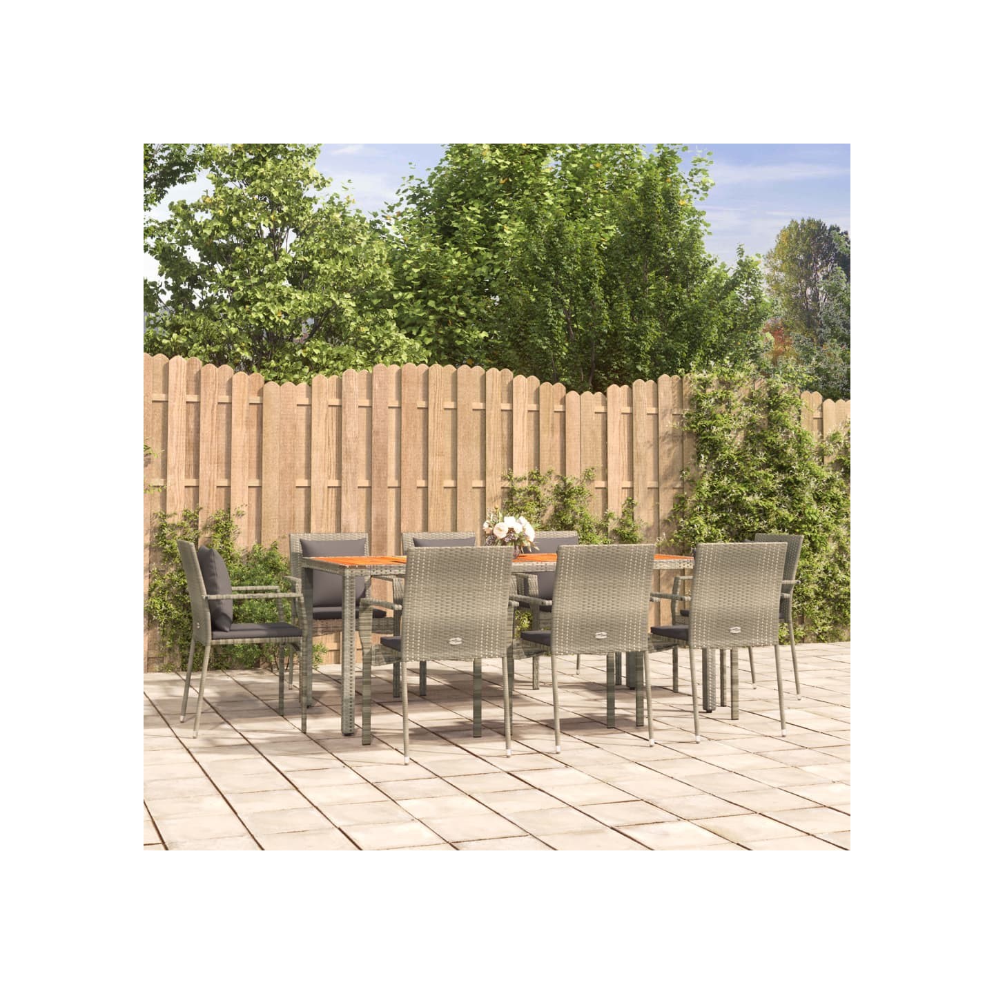 Ensemble à manger de jardin 9 pcs coussins gris résine tressée