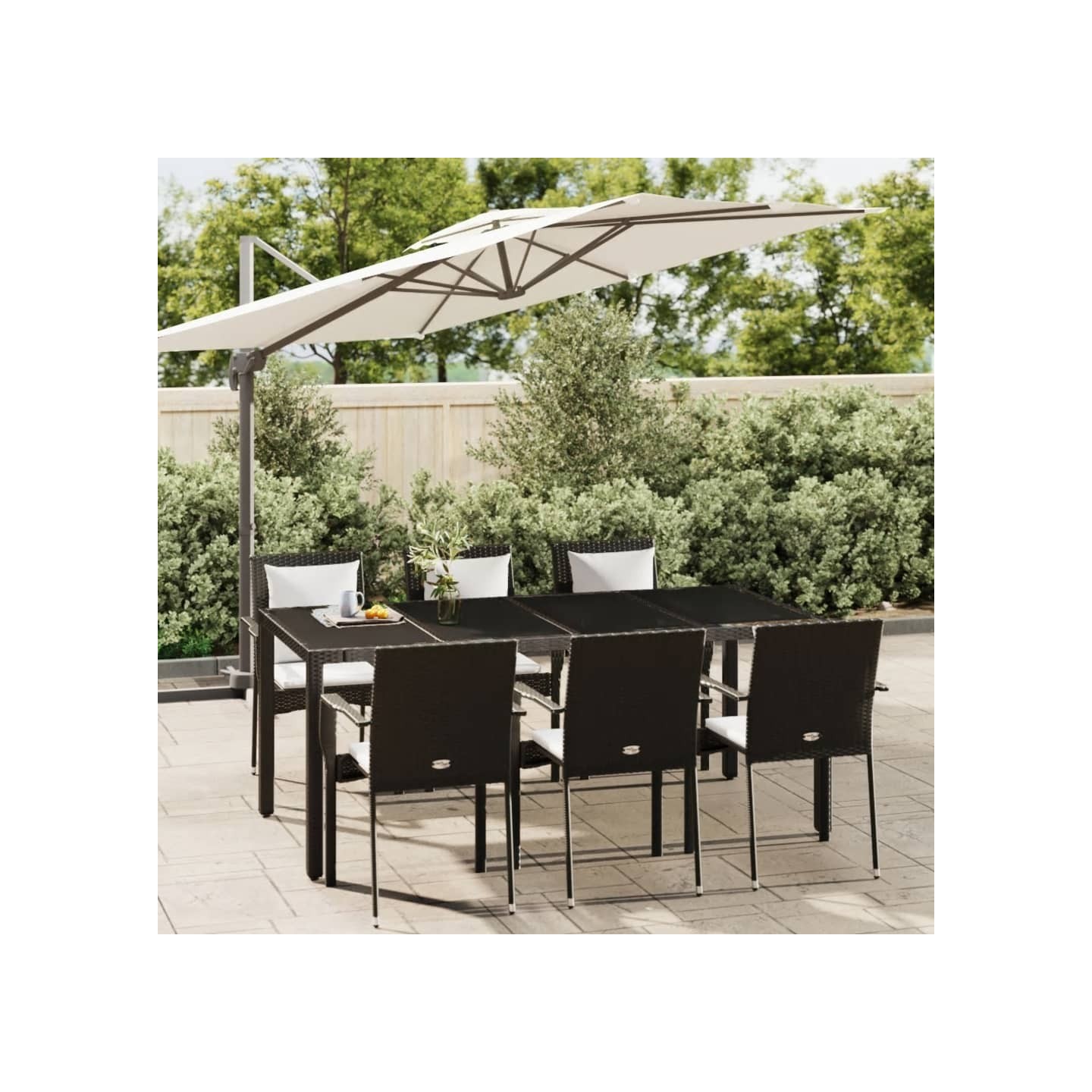 Ensemble à manger de jardin coussins 7pcs Noir Résine tressée