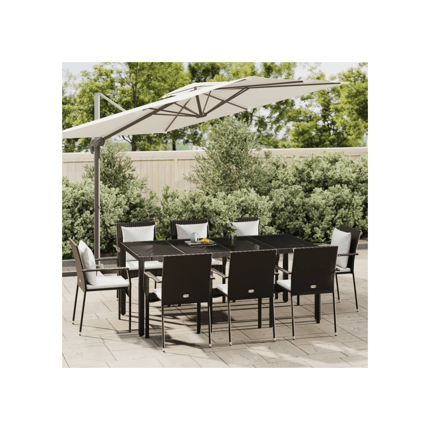 Ensemble à manger jardin 9pcs et coussins noir résine tressée
