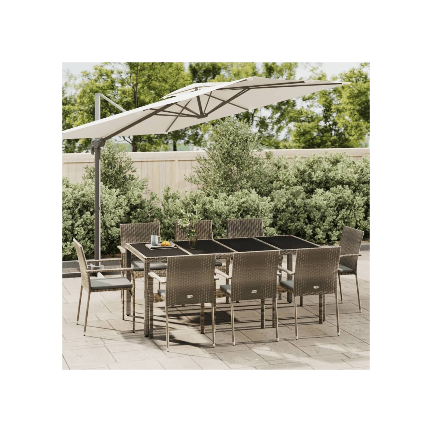 Ensemble à manger de jardin 9 pcs coussins gris résine tressée